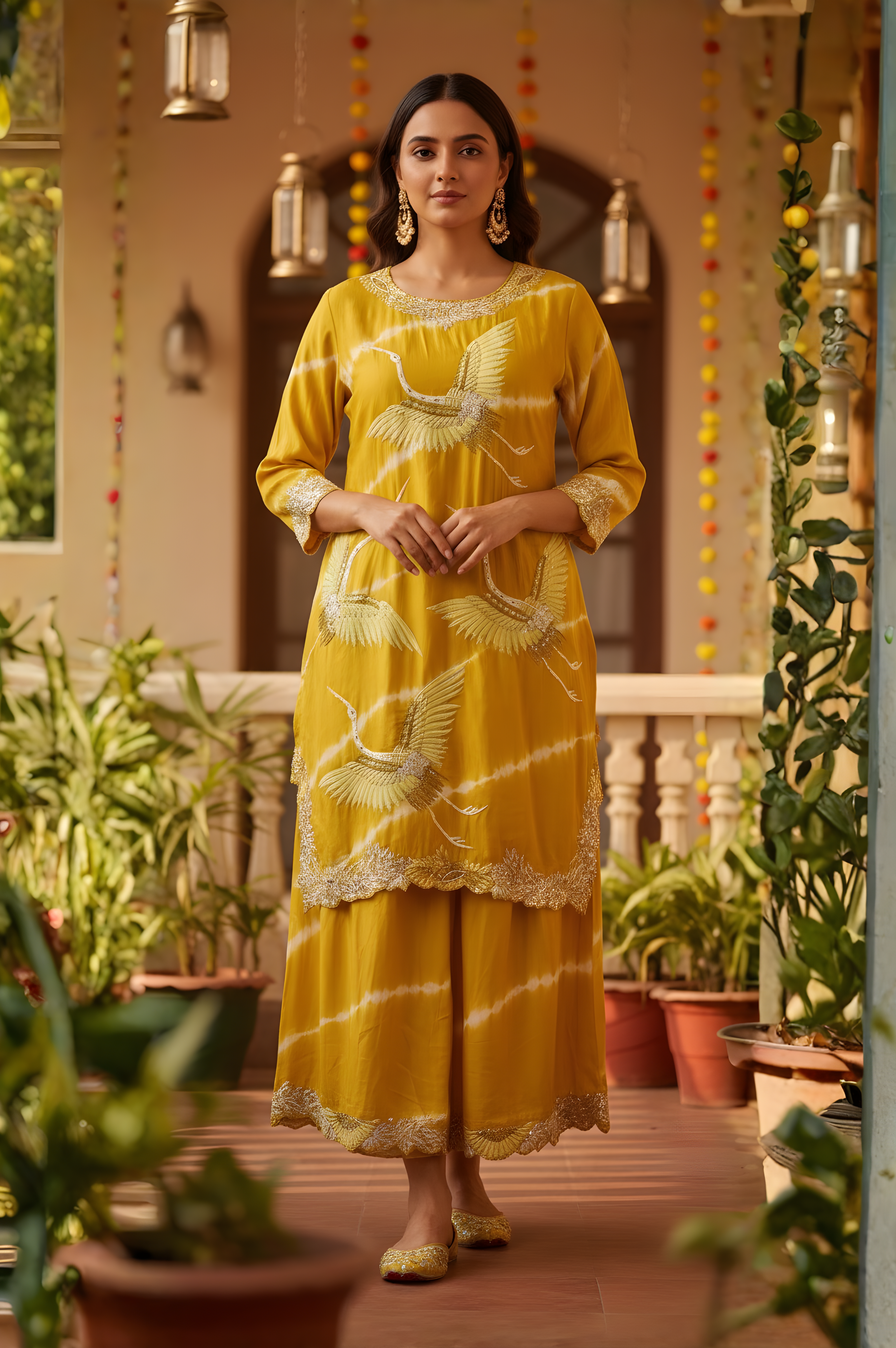SILK LAHERIA WITH THREAD WORK HILIGHT WITH TIKKI DYE SHORT KNEE LENGTH KURTI
