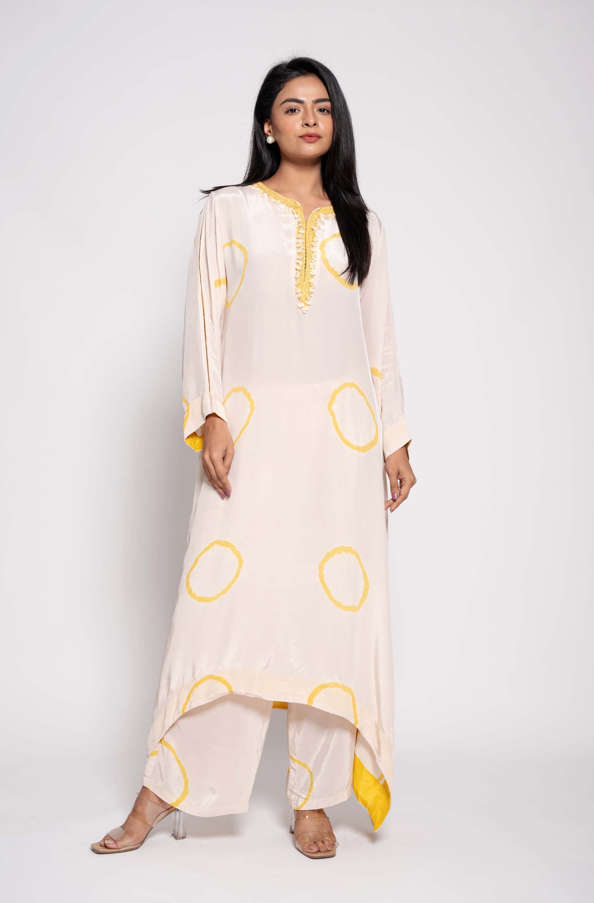 Tie Dye Asymmetrical Kurta set with Mother of Pearls work