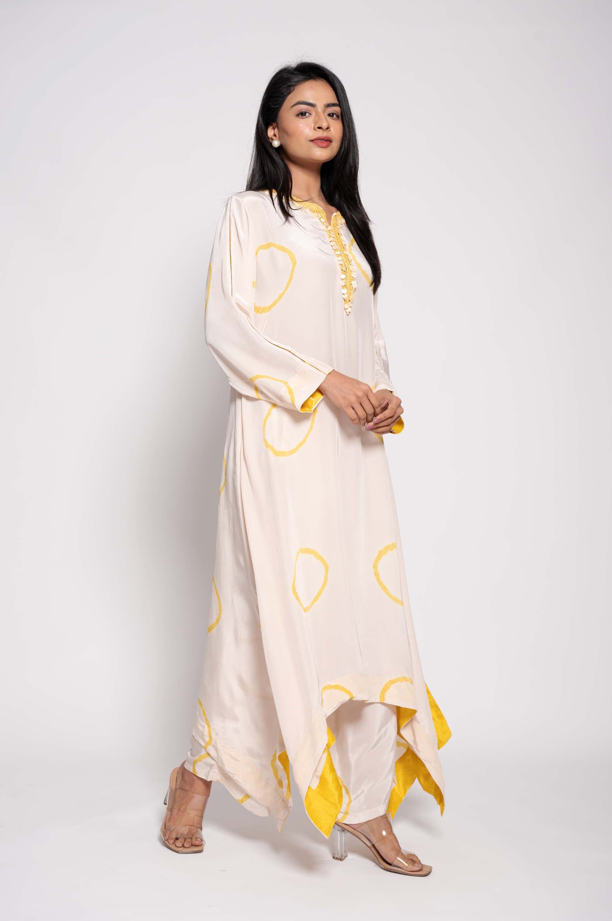 Tie Dye Asymmetrical Kurta set with Mother of Pearls work