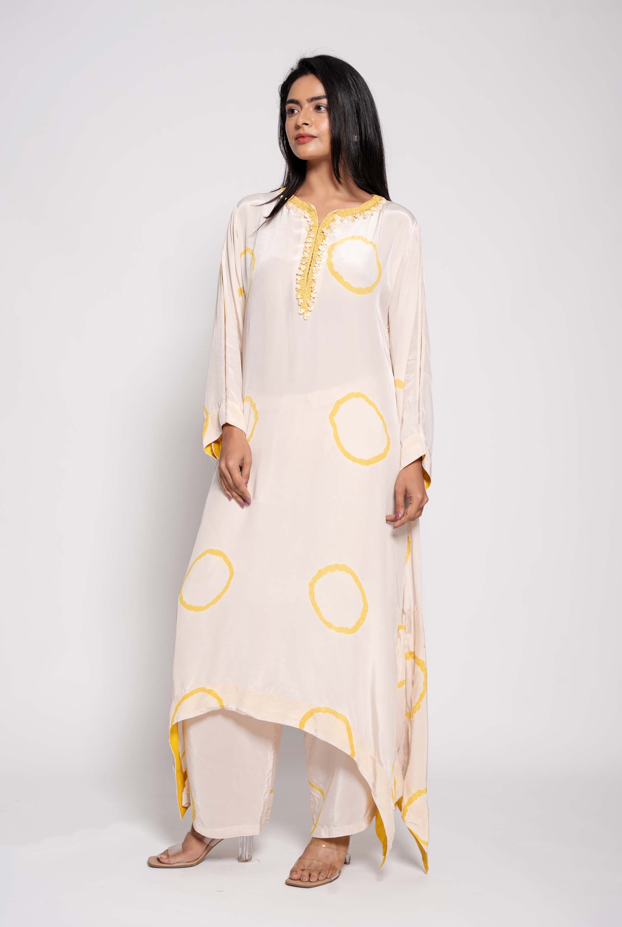 Tie Dye Asymmetrical Kurta set with Mother of Pearls work