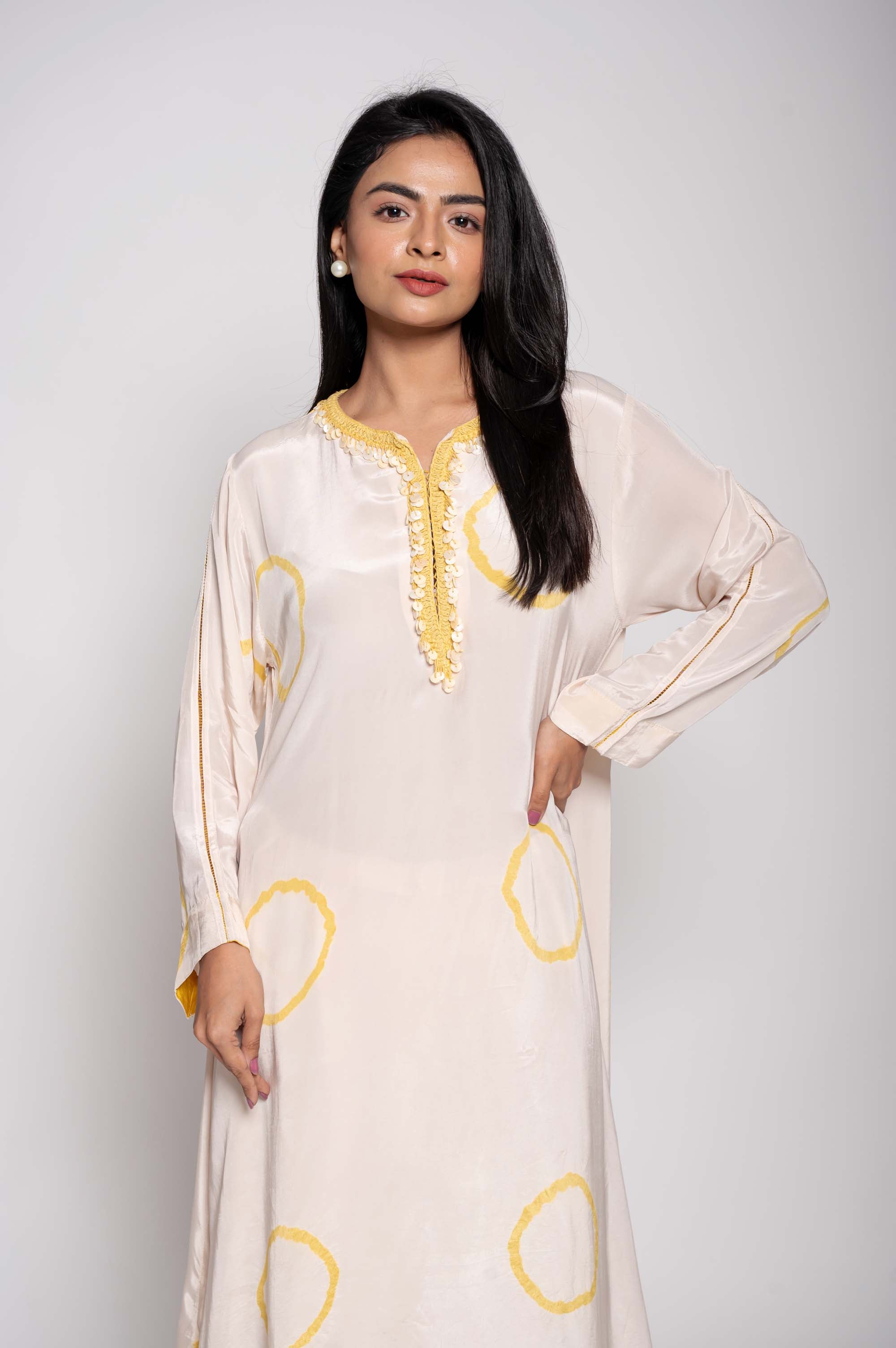 Tie Dye Asymmetrical Kurta set with Mother of Pearls work