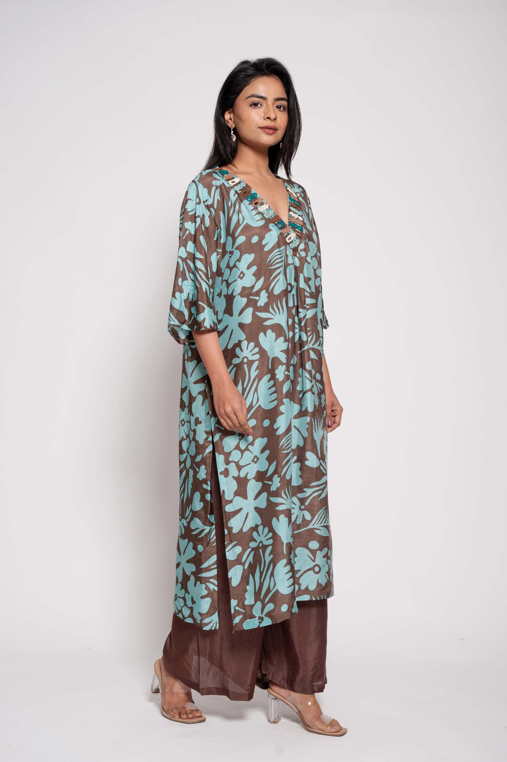 Printed Kurta Set with Glasswork in Neckline