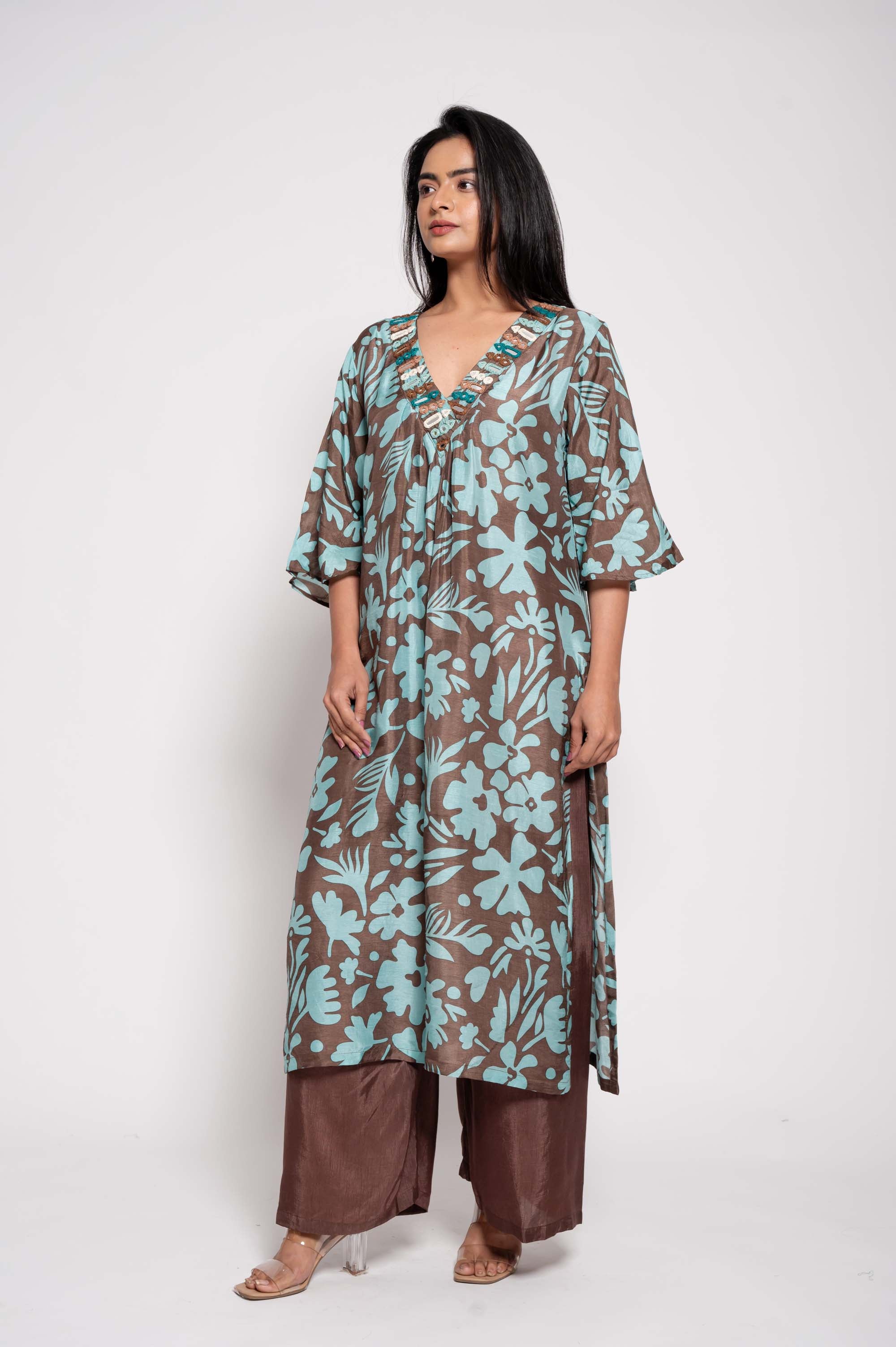 Printed Kurta Set with Glasswork in Neckline