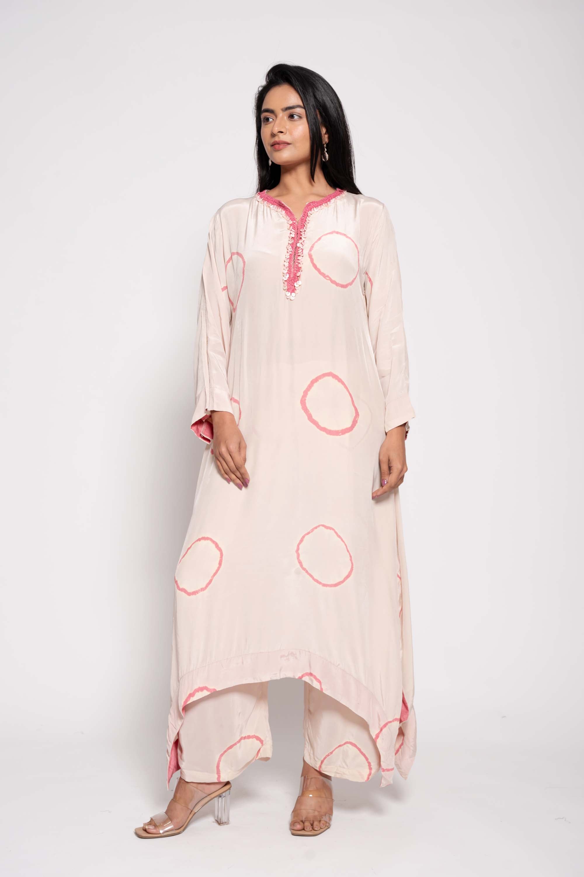 Tie Dye Asymmetrical Kurta set with Mother of Pearls work