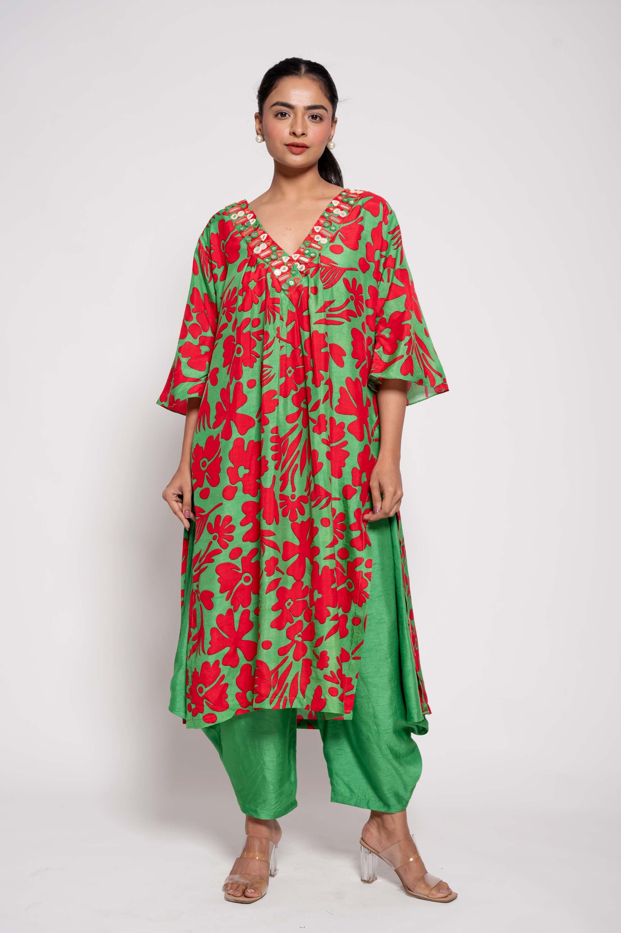 Printed Kurta Set with Glasswork in Neckline