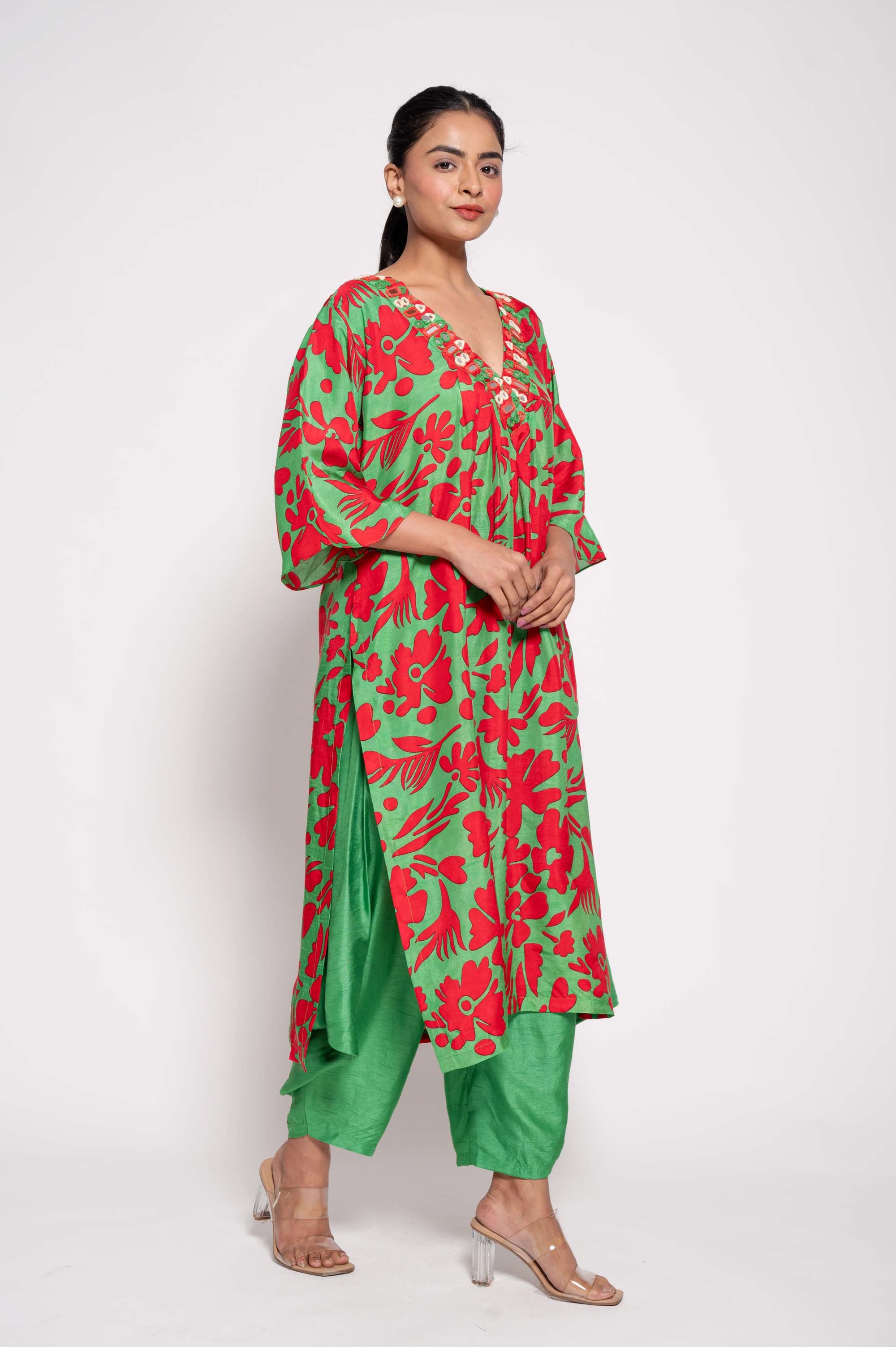 Printed Kurta Set with Glasswork in Neckline