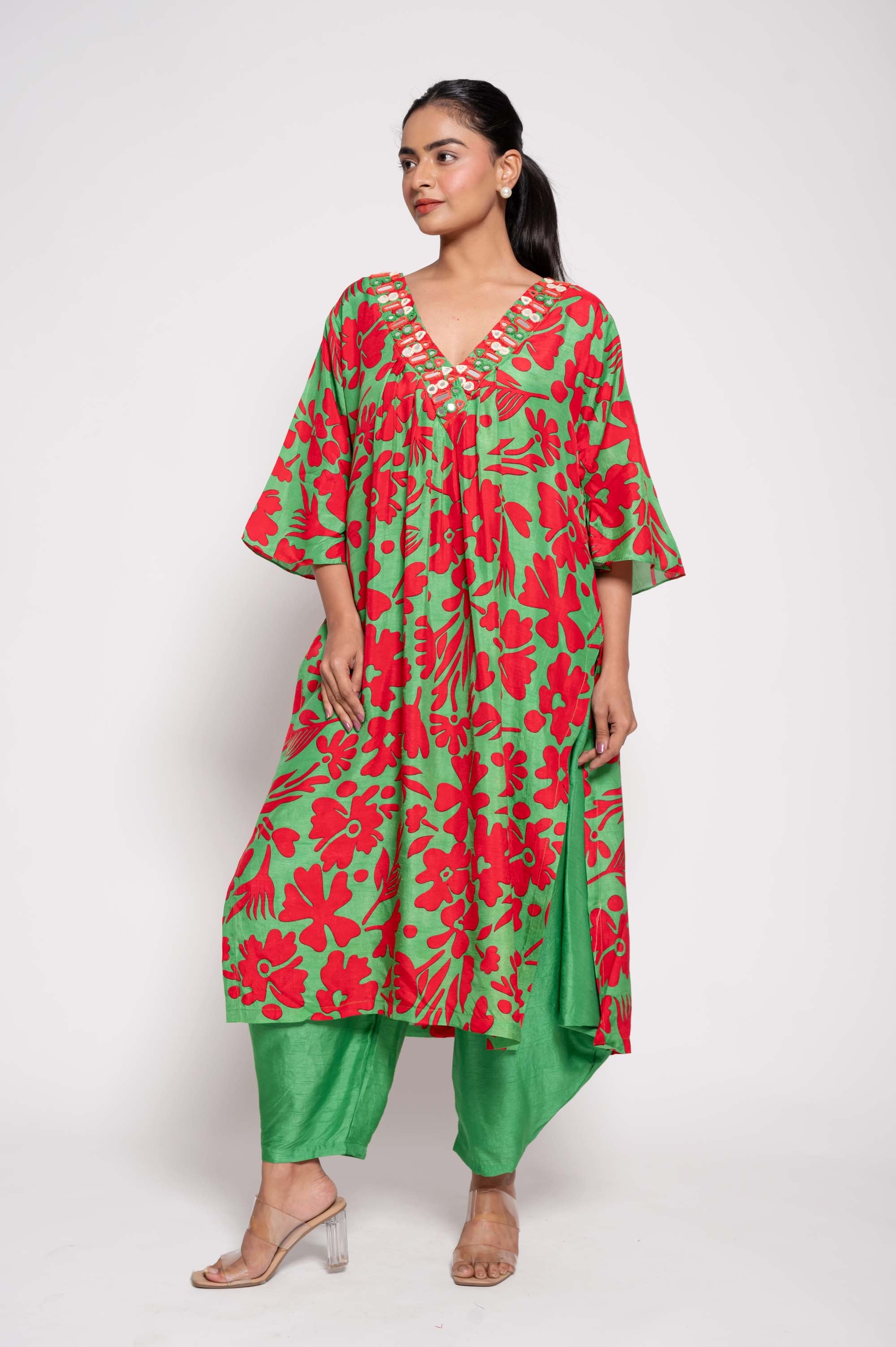 Printed Kurta Set with Glasswork in Neckline