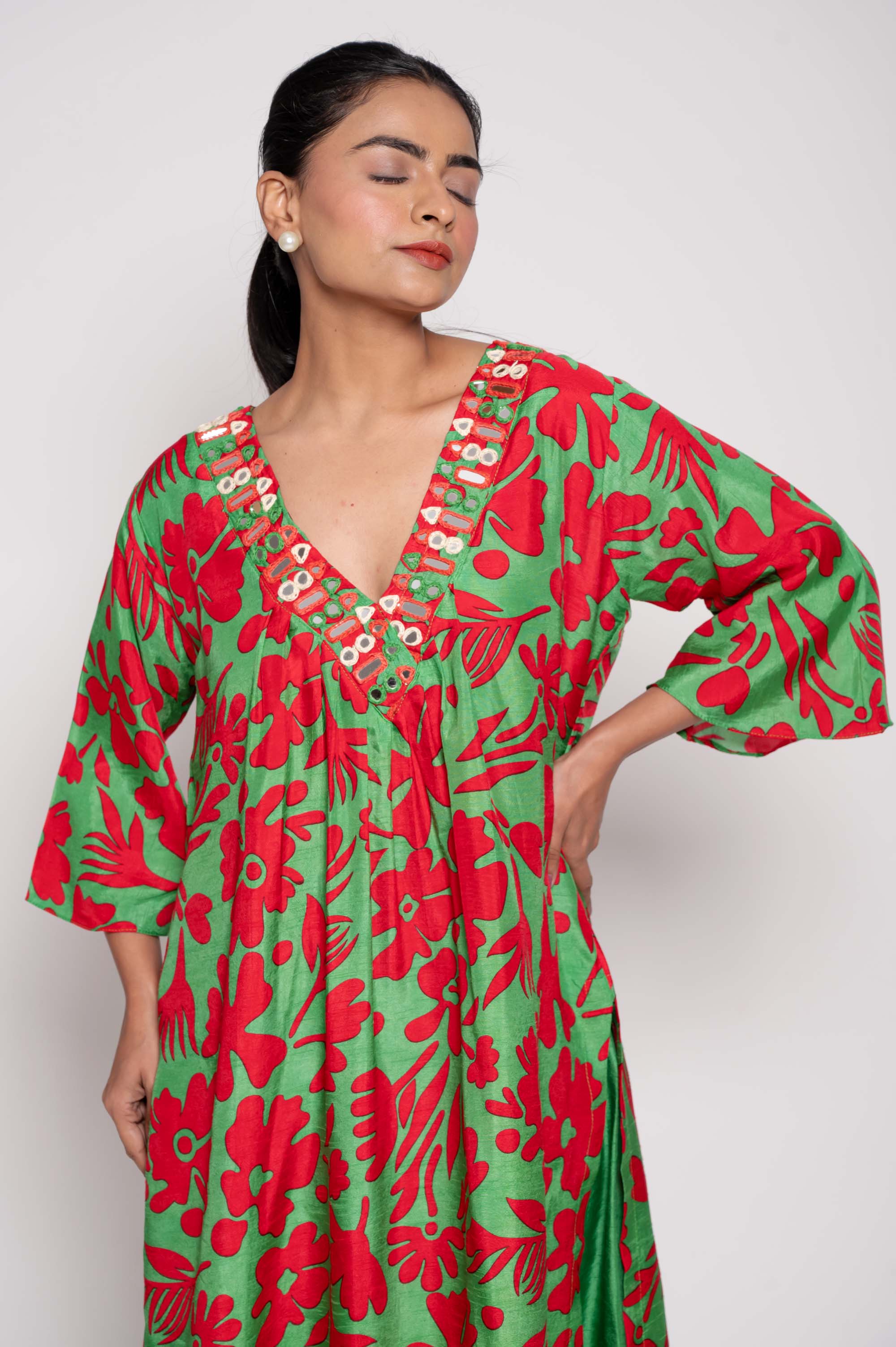 Printed Kurta Set with Glasswork in Neckline