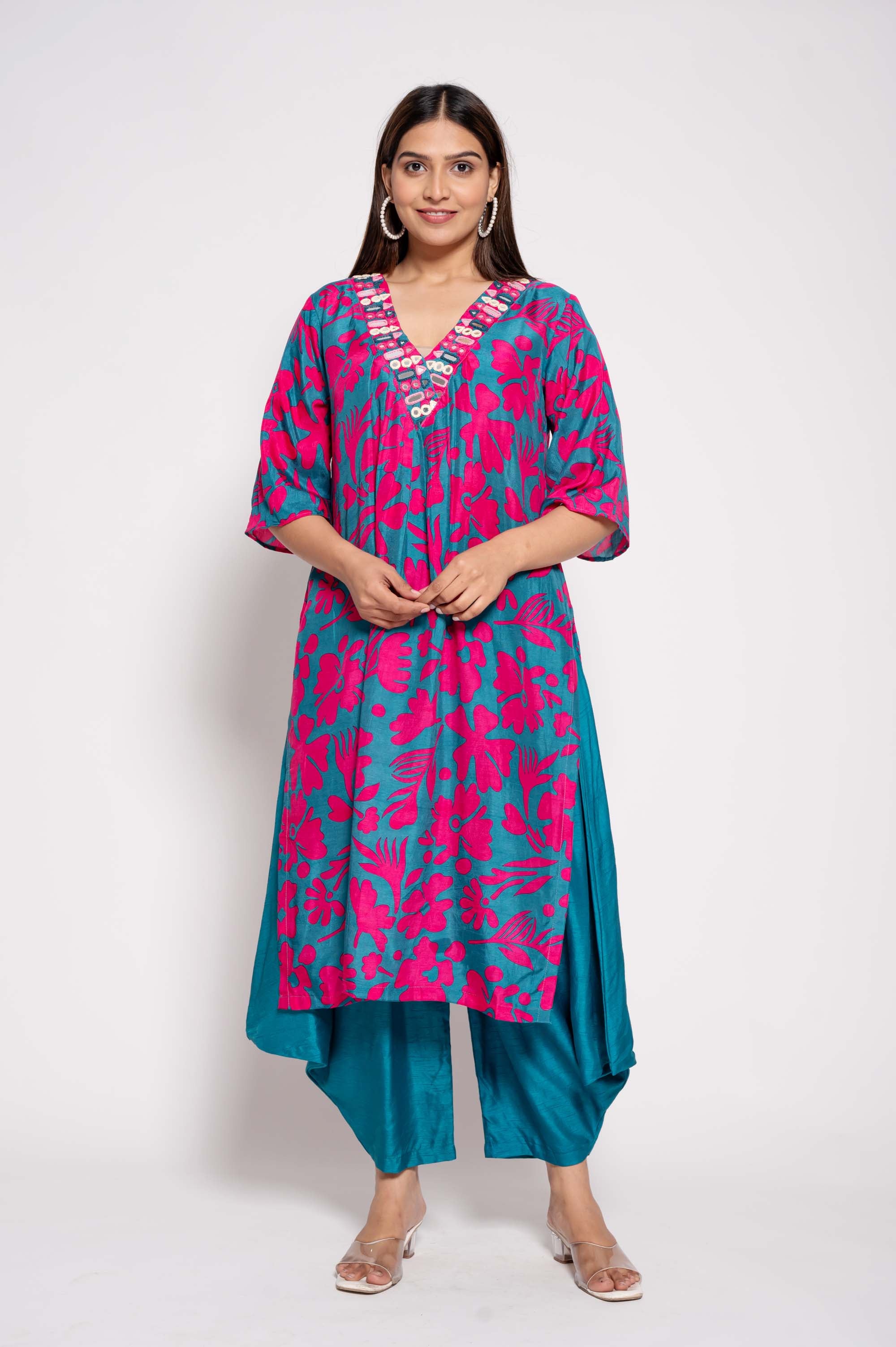 Printed Kurta Set with Glasswork in Neckline