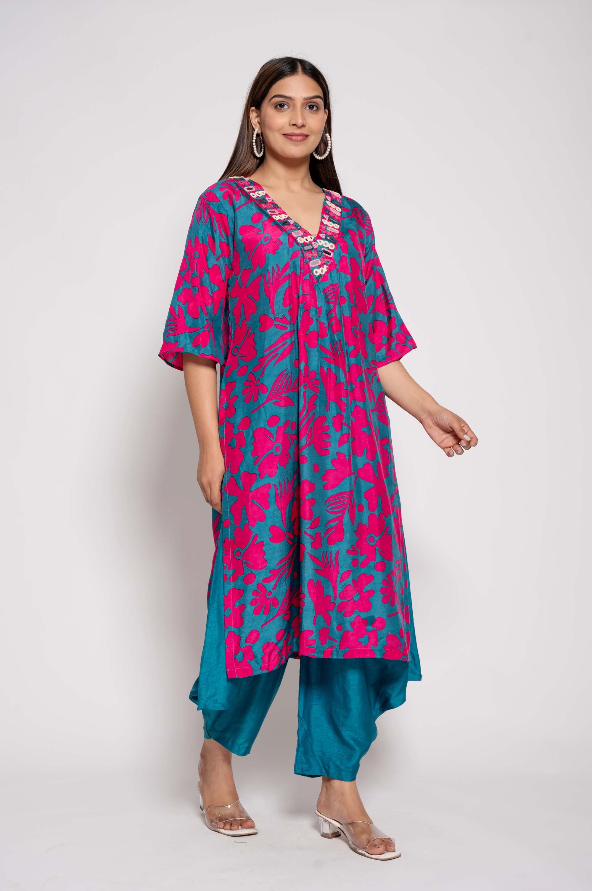 Printed Kurta Set with Glasswork in Neckline