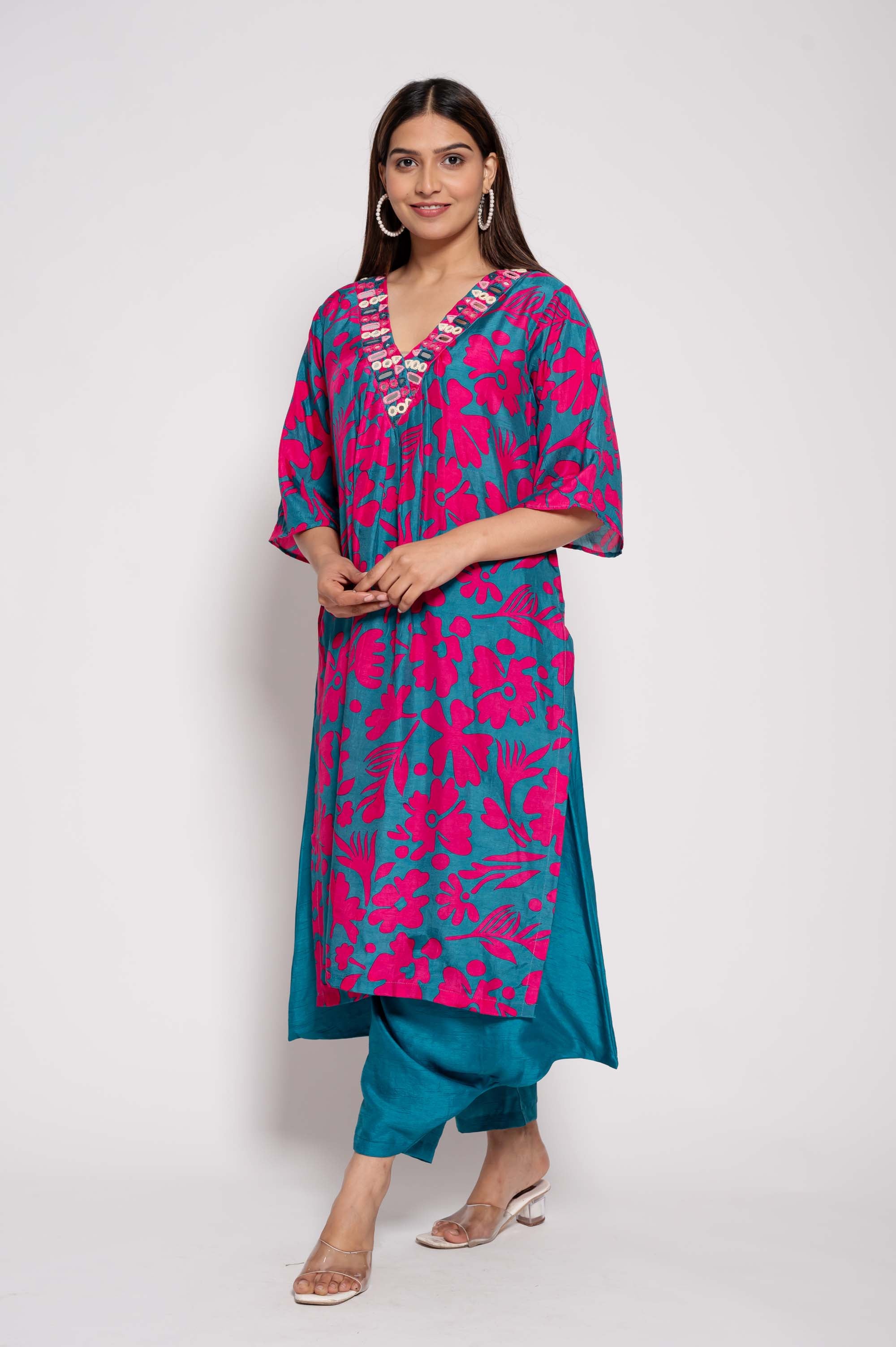 Printed Kurta Set with Glasswork in Neckline