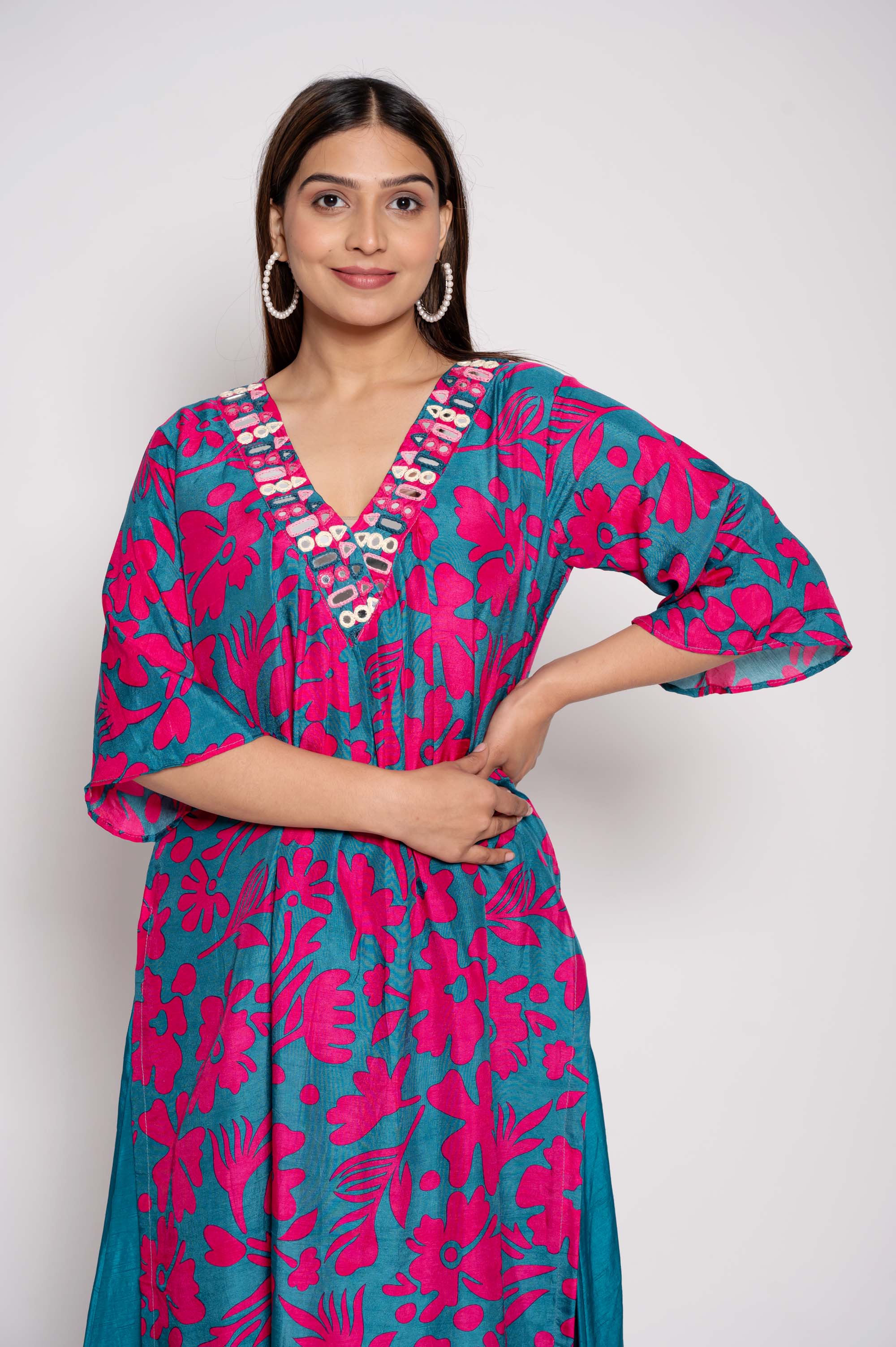 Printed Kurta Set with Glasswork in Neckline