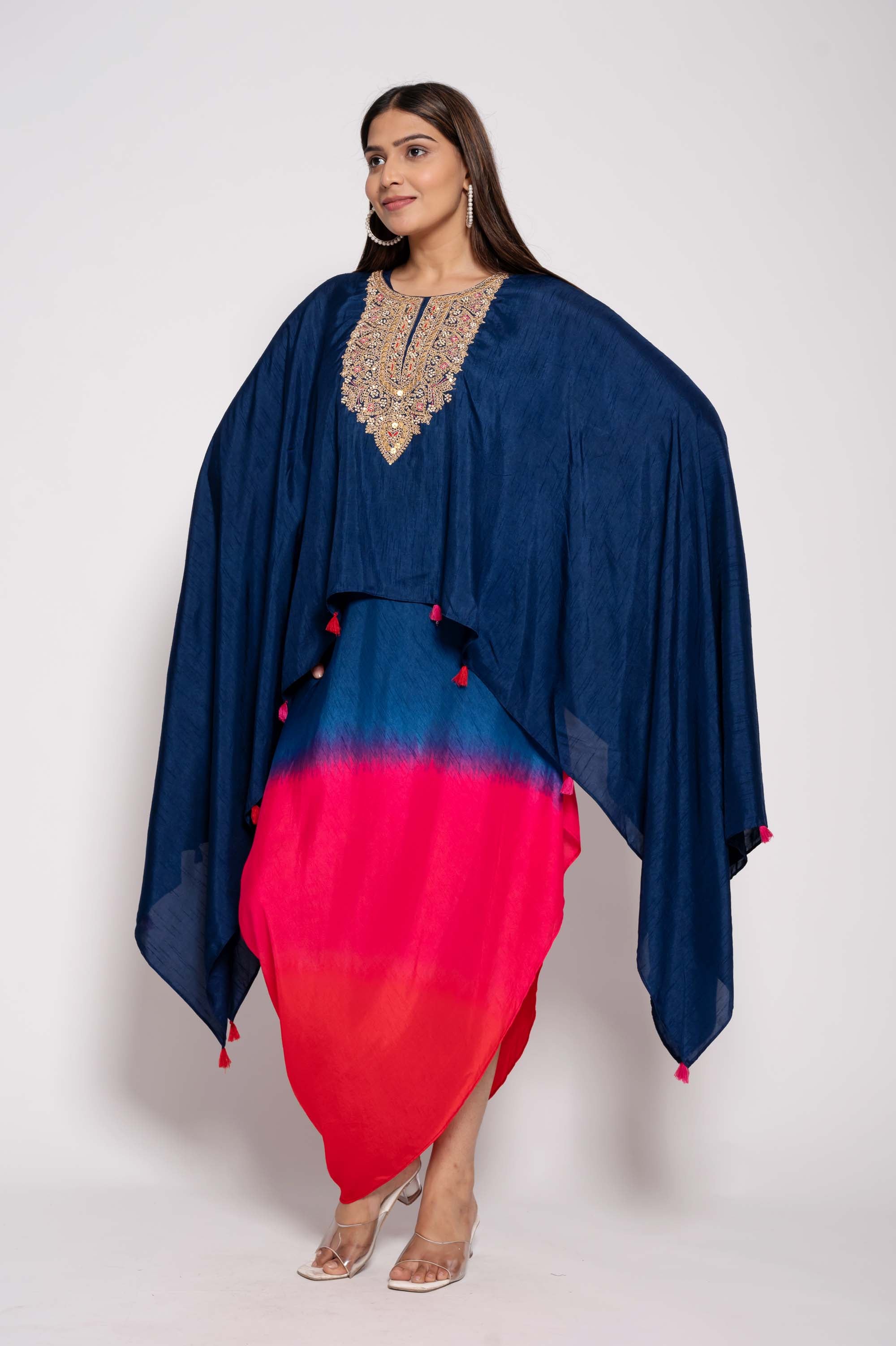 Dress with Embroidered Cape in dual Shades