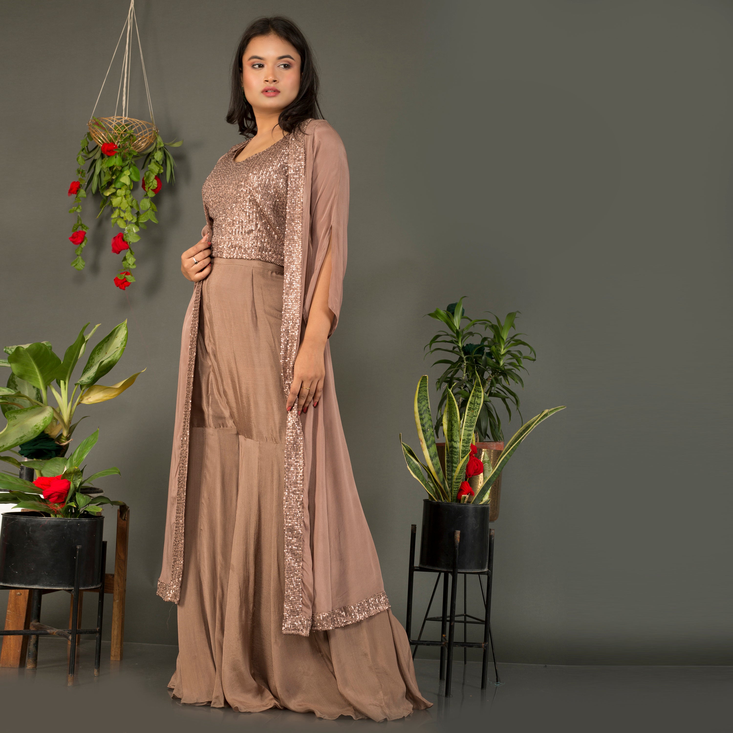 Sequins top with sarara and jacket