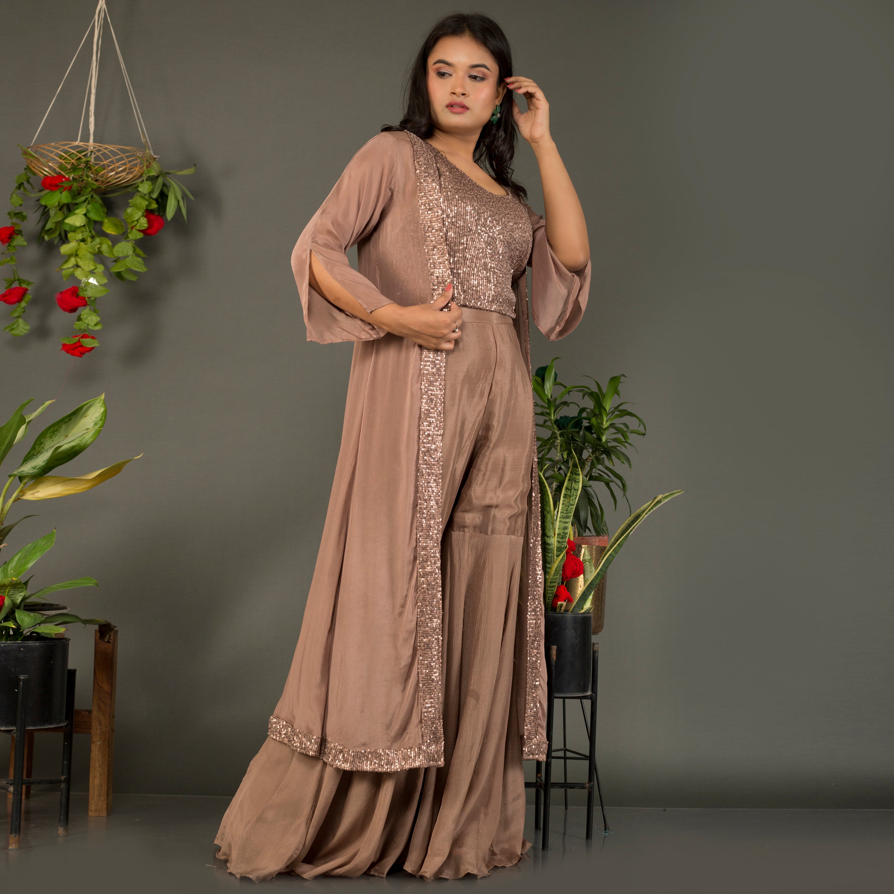 Sequins top with sarara and jacket