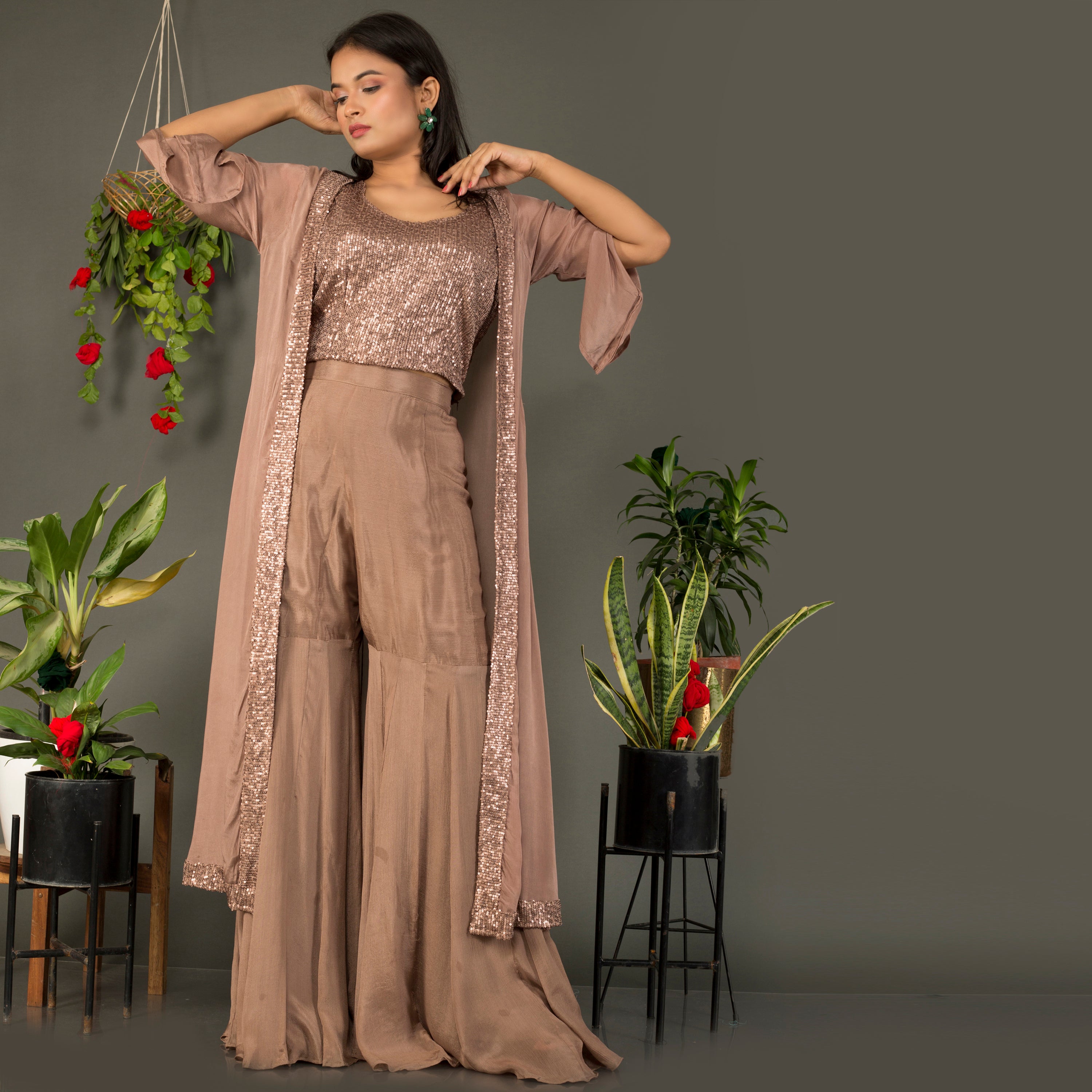 Sequins top with sarara and jacket