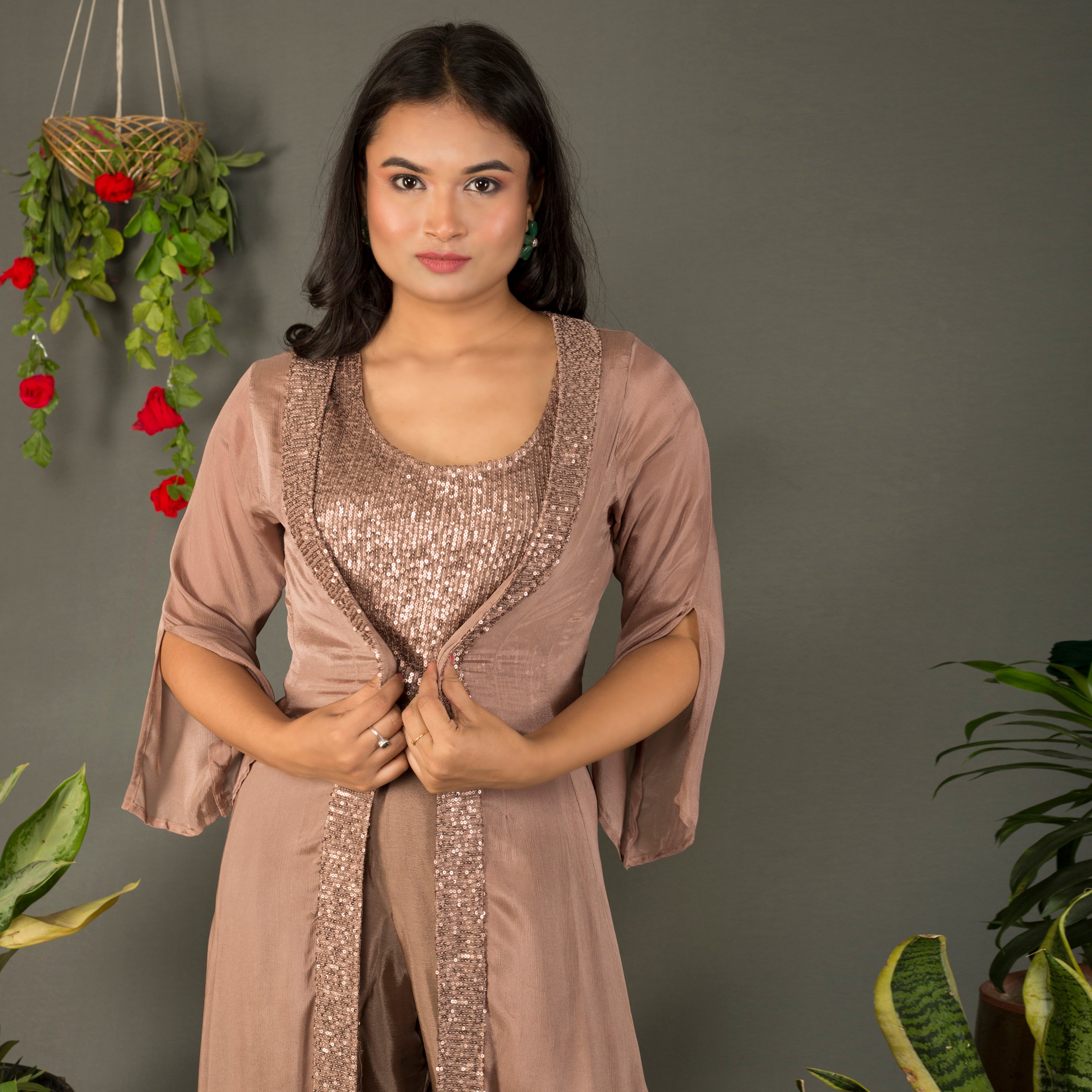 Sequins top with sarara and jacket