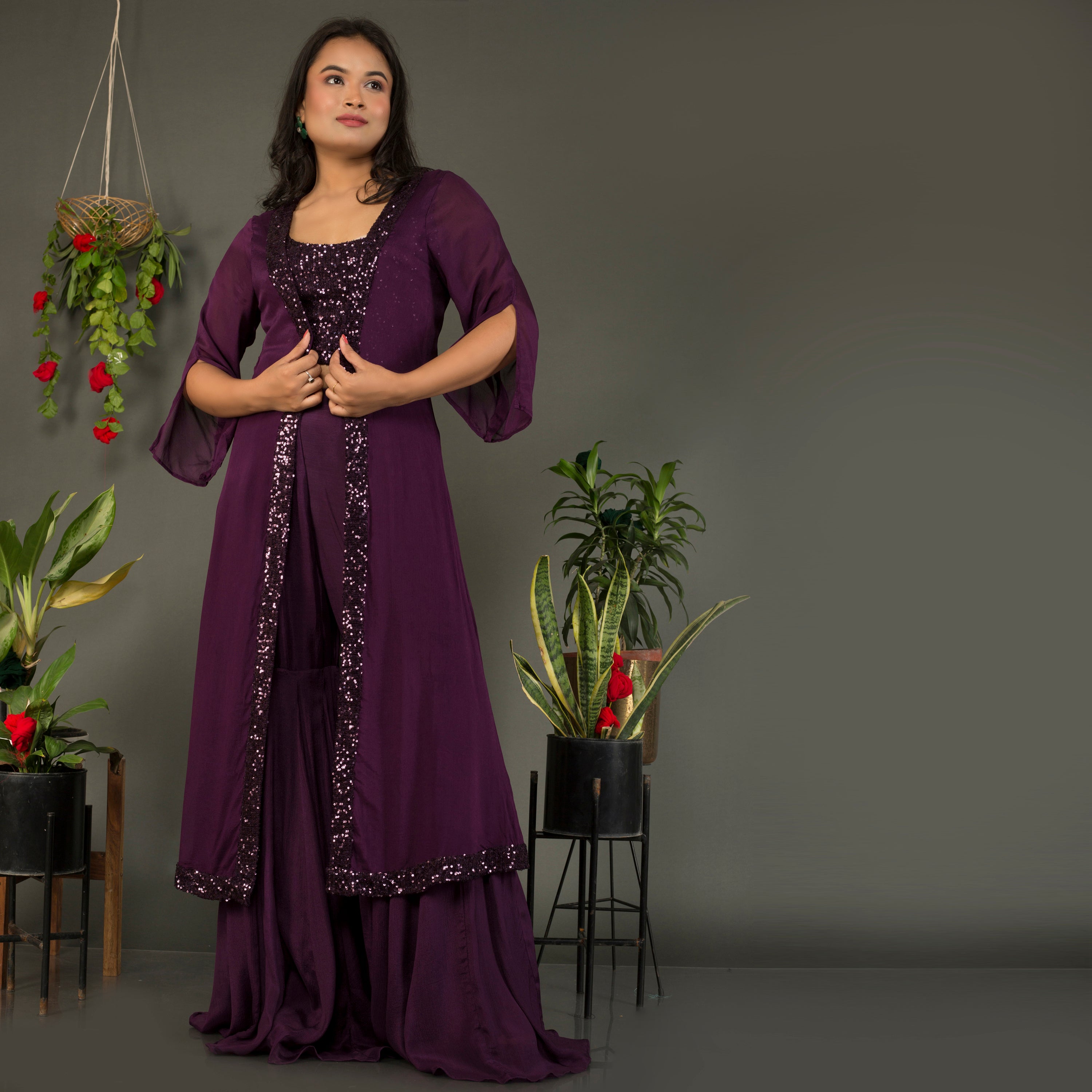 Sequins top with sarara and jacket