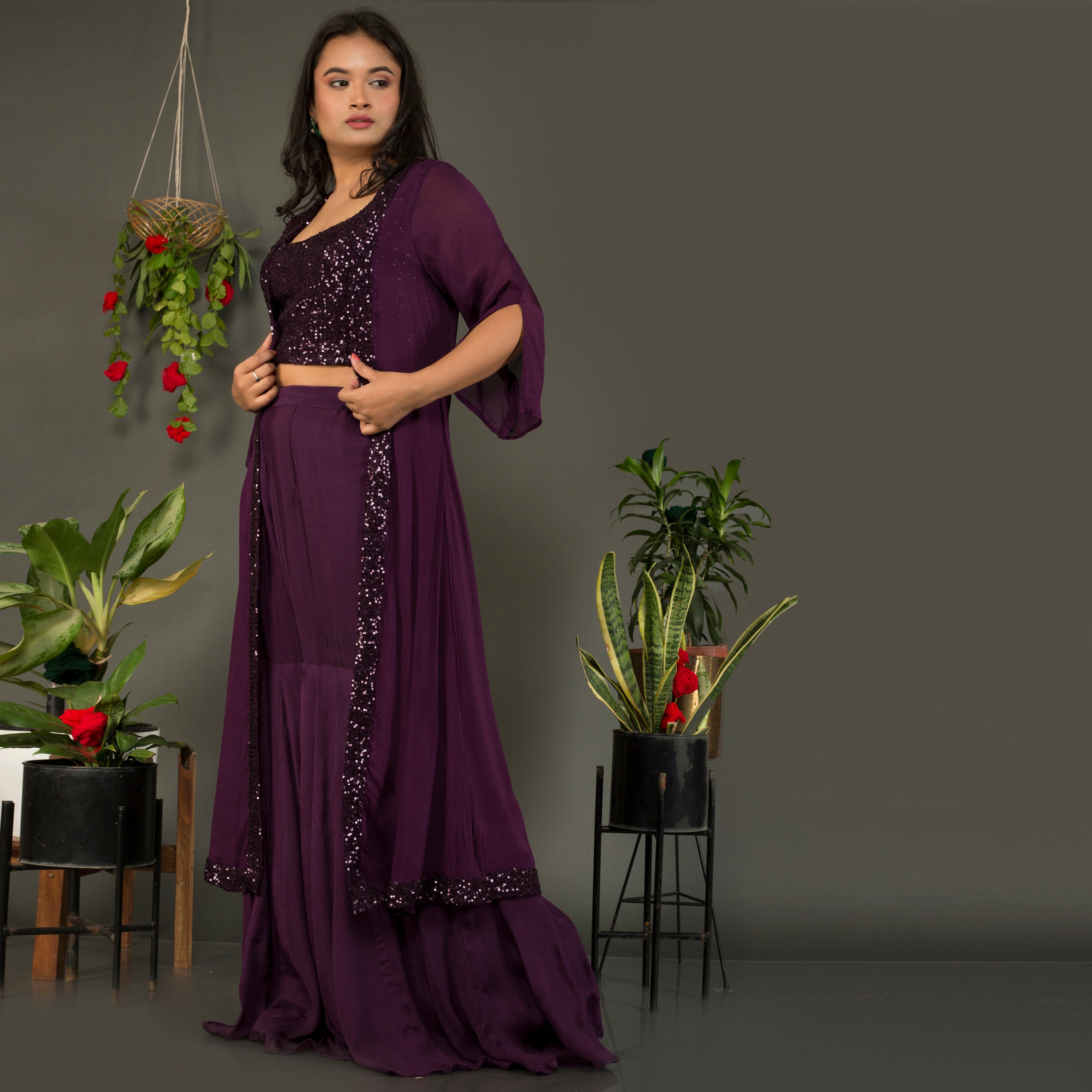 Sequins top with sarara and jacket