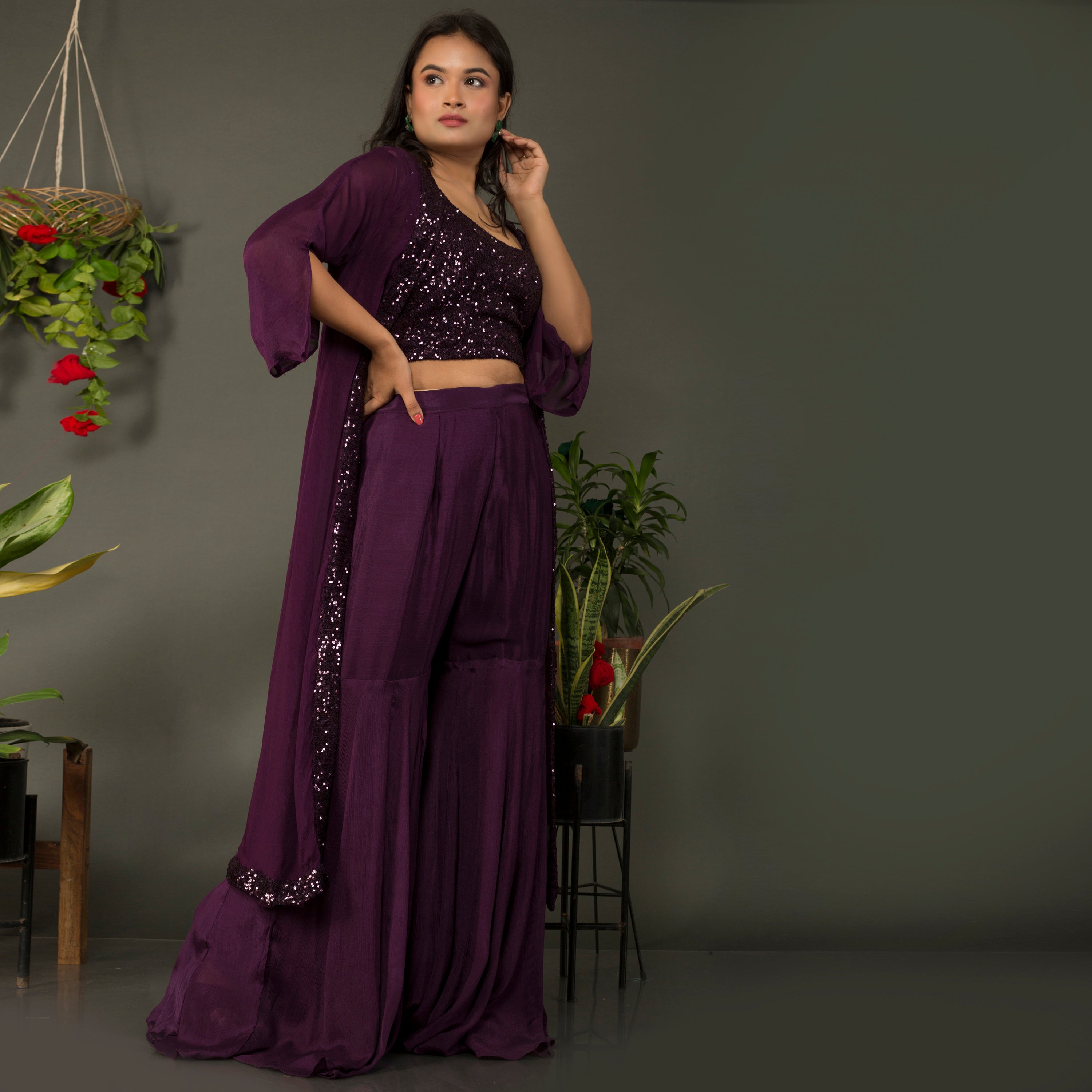 Sequins top with sarara and jacket