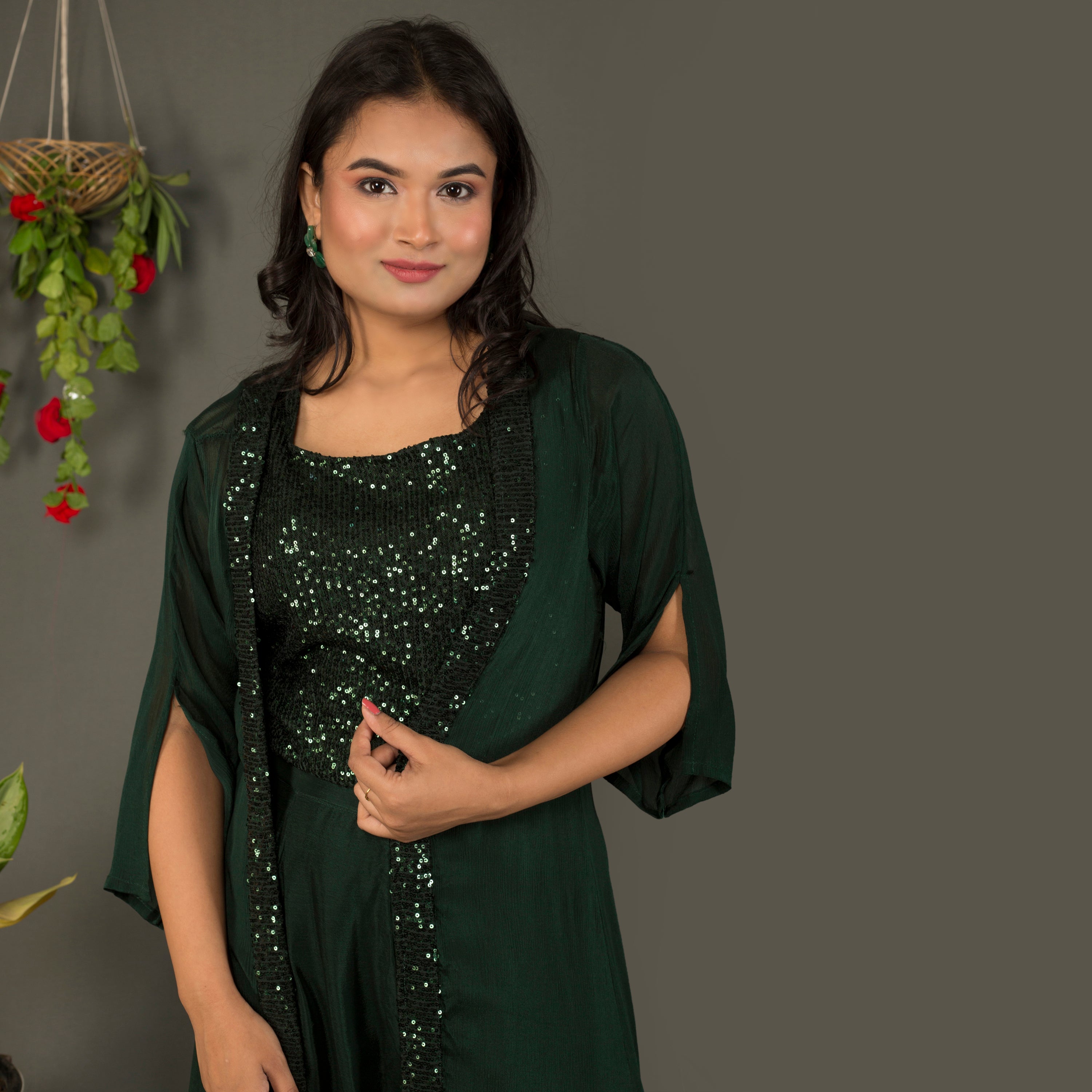 Sequins top with sarara and jacket