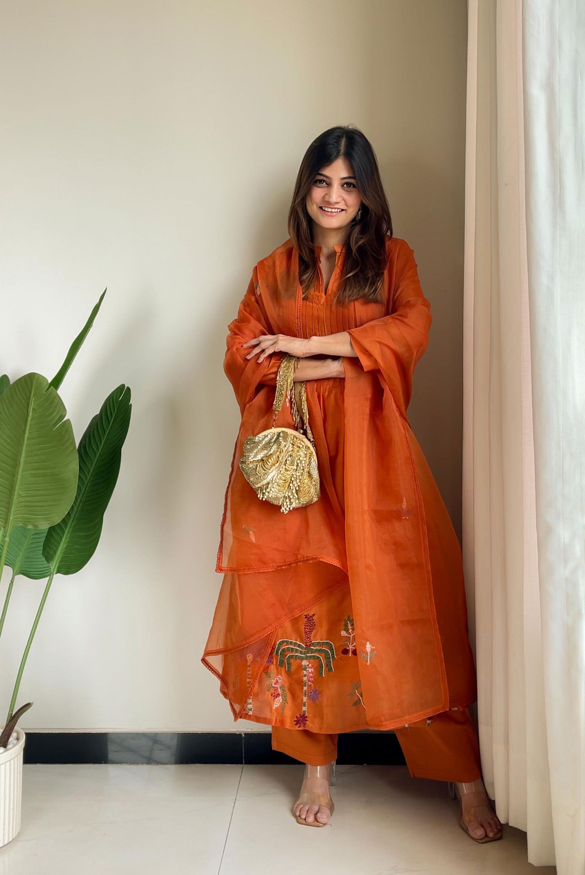 Kantha Work A-line Kurta Pant with Organza Dupatta