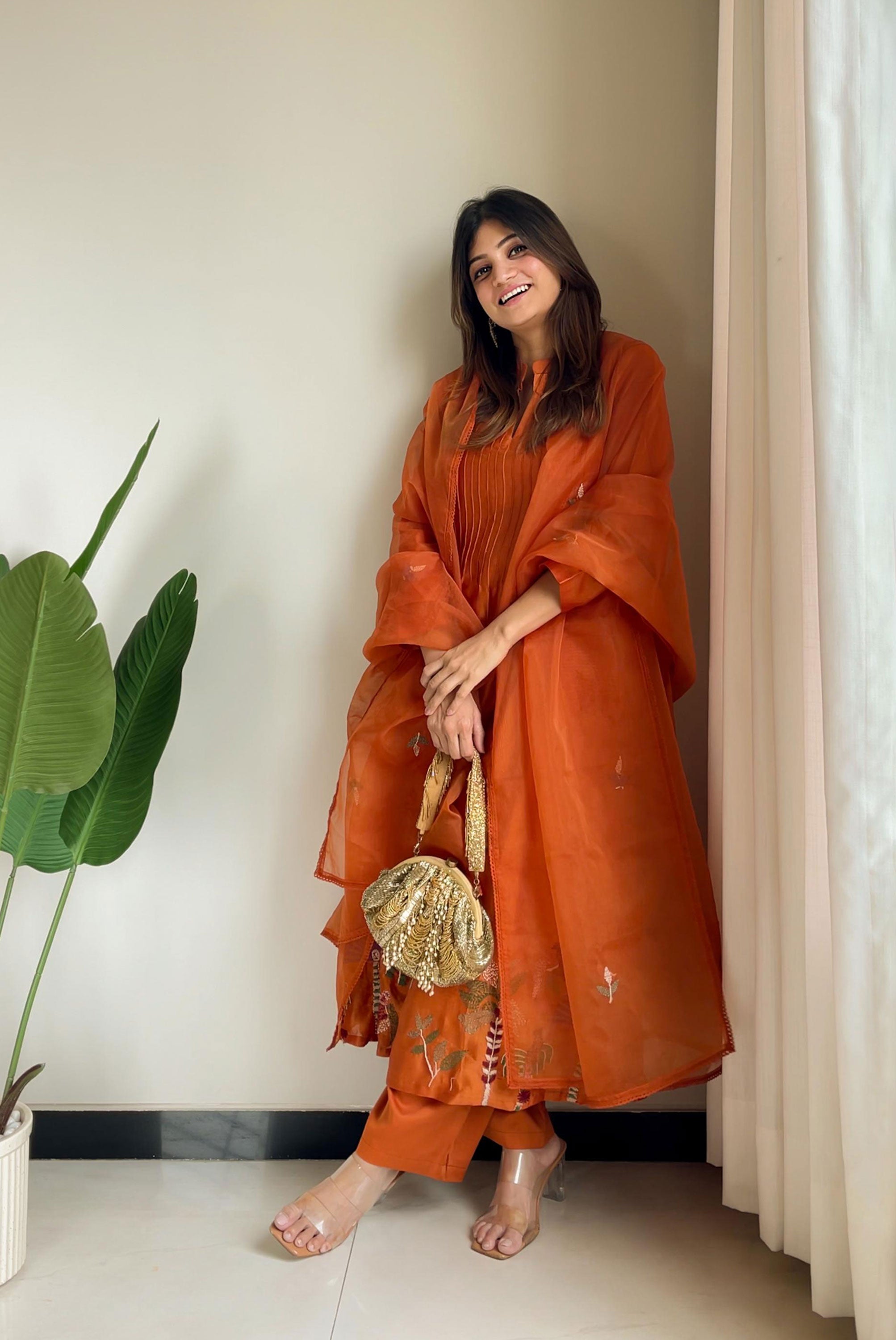 Kantha Work A-line Kurta Pant with Organza Dupatta