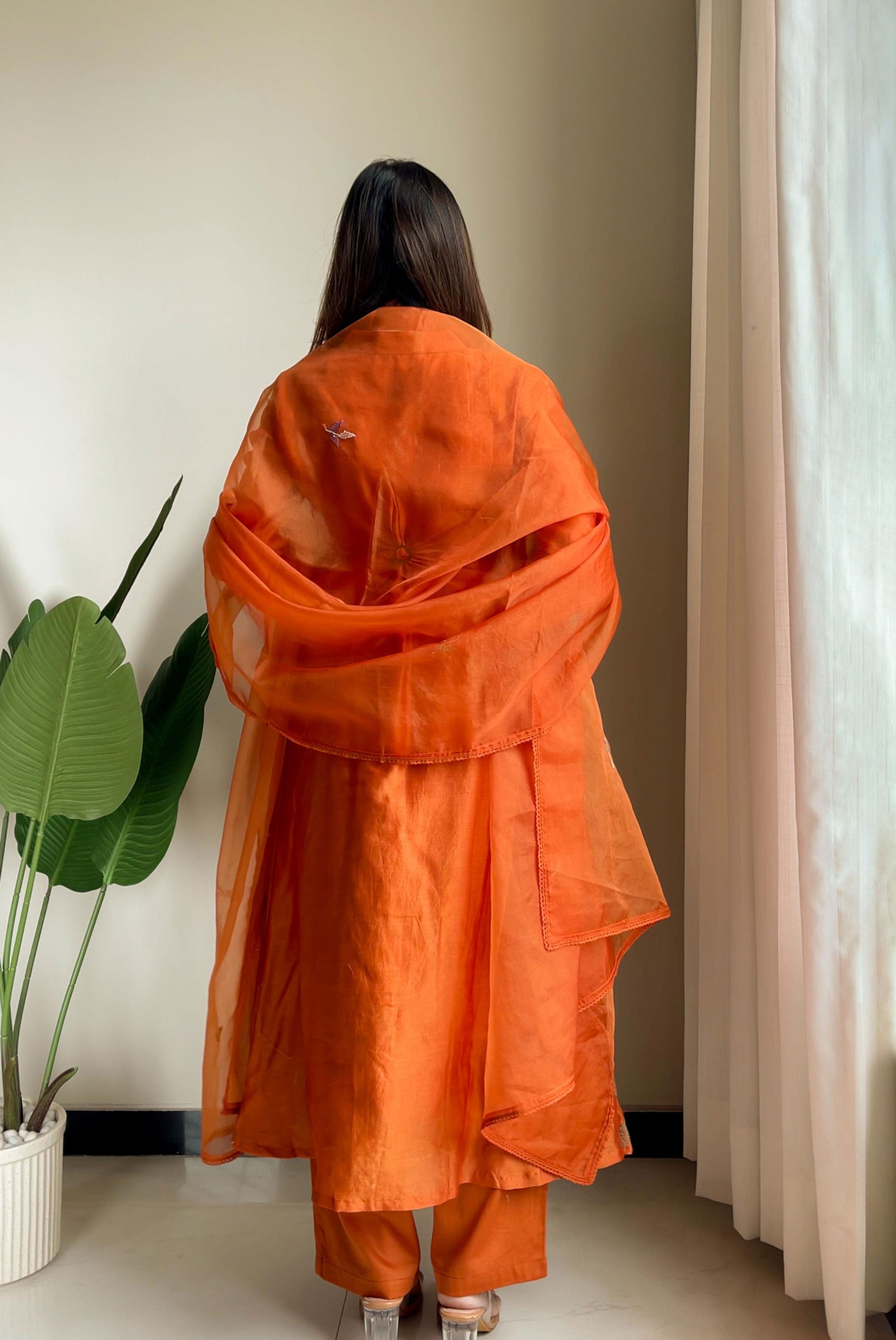 Kantha Work A-line Kurta Pant with Organza Dupatta