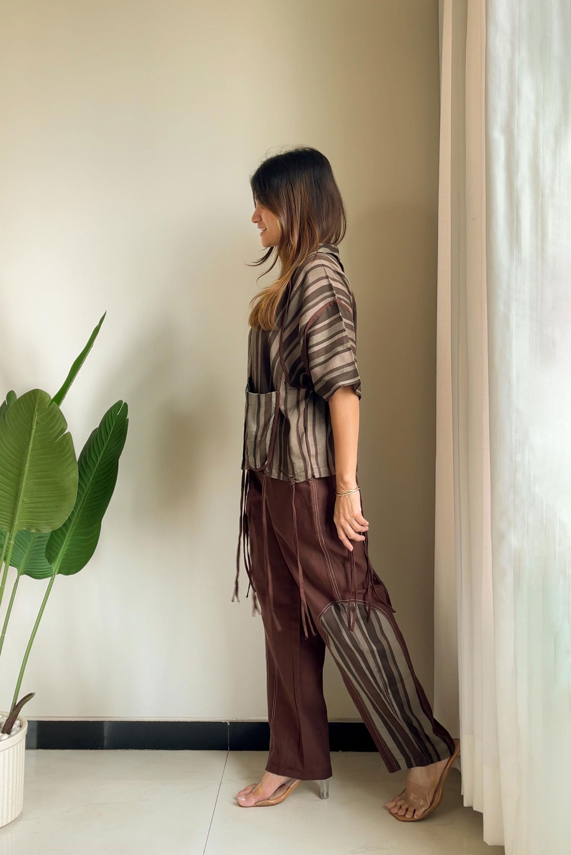 Coord Set with Bohemian Style Pant with Vertical Strip with Trendy Strings Top