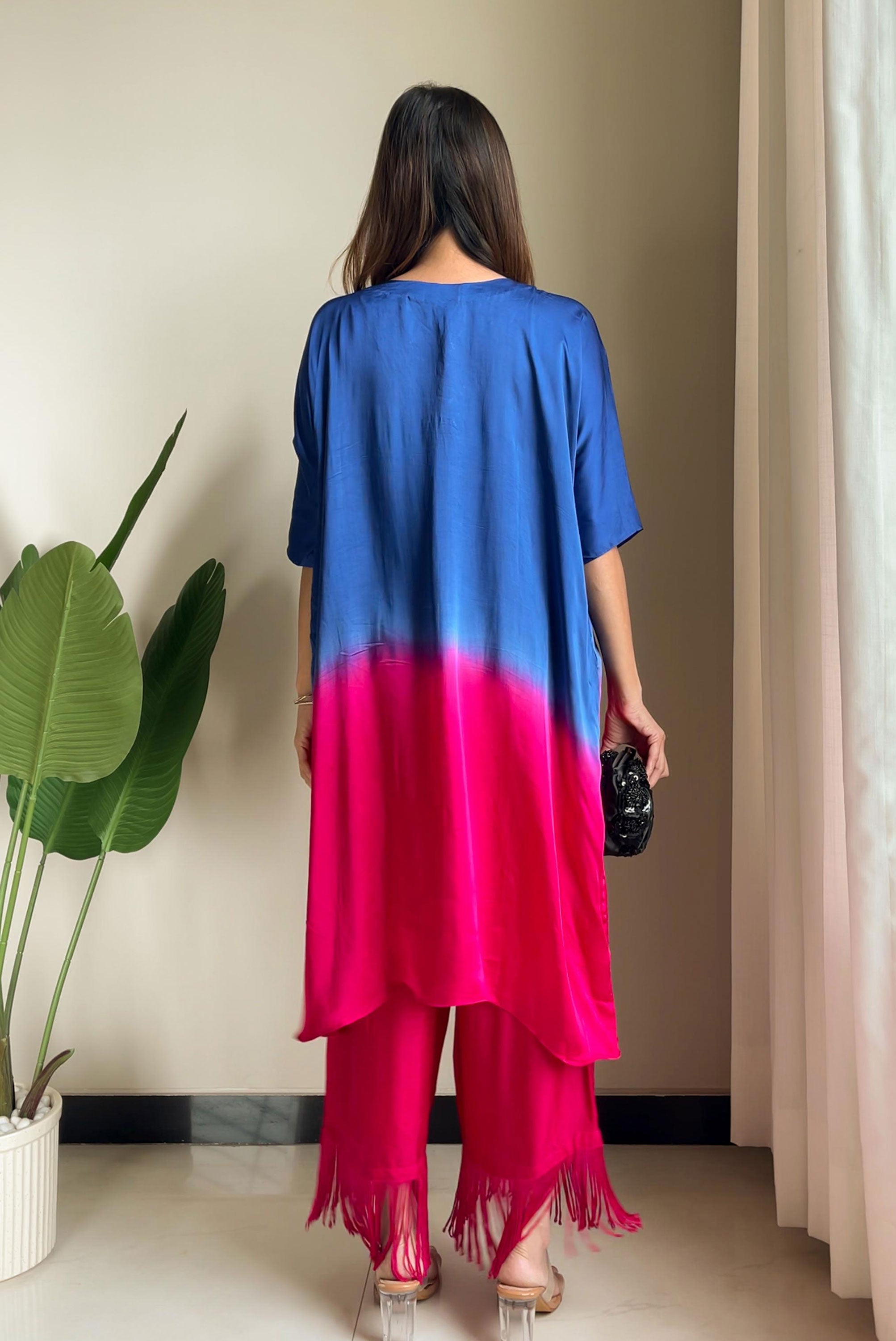 Dual Shade Kaftan and Pant with Pipe Work in Neck
