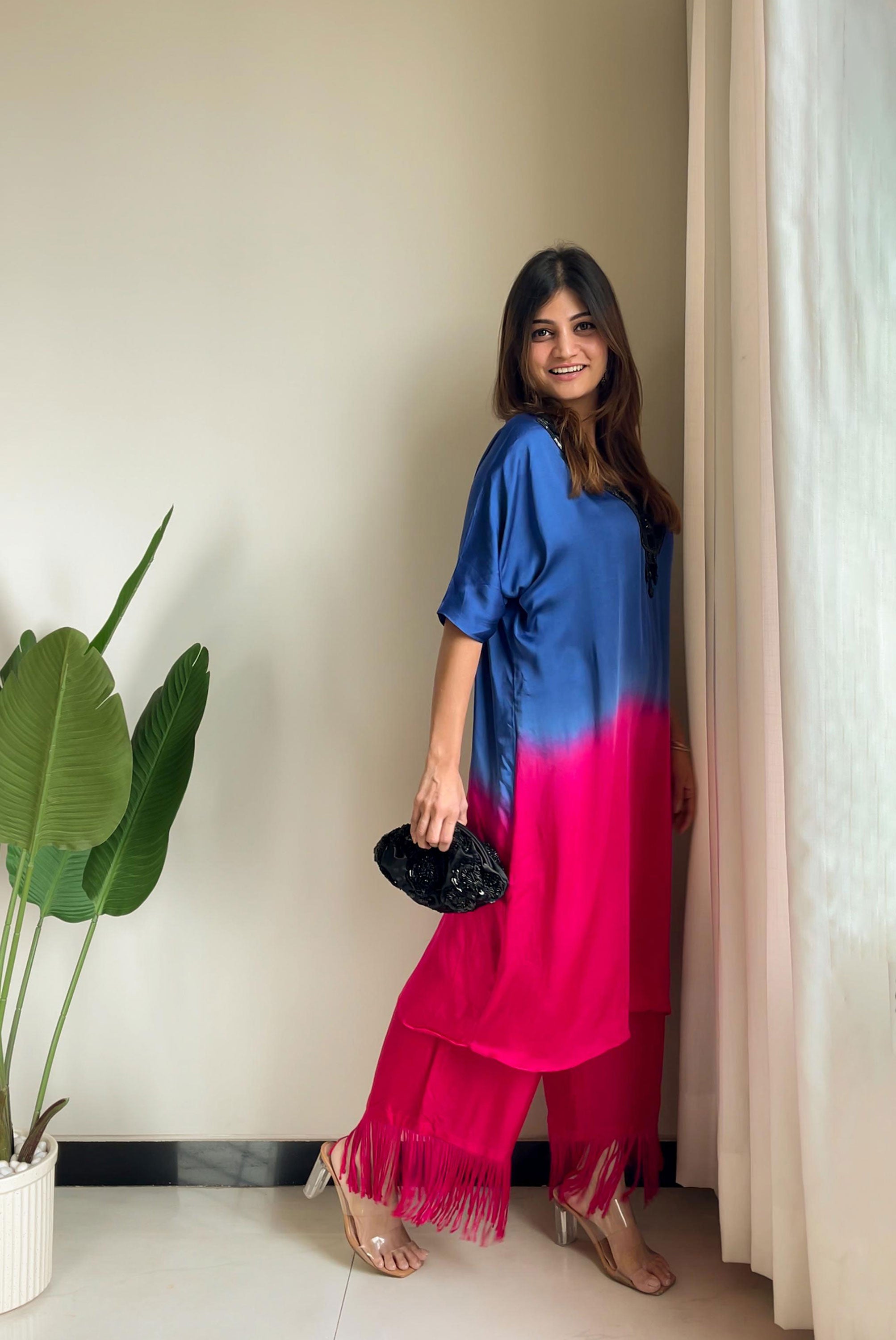 Dual Shade Kaftan and Pant with Pipe Work in Neck