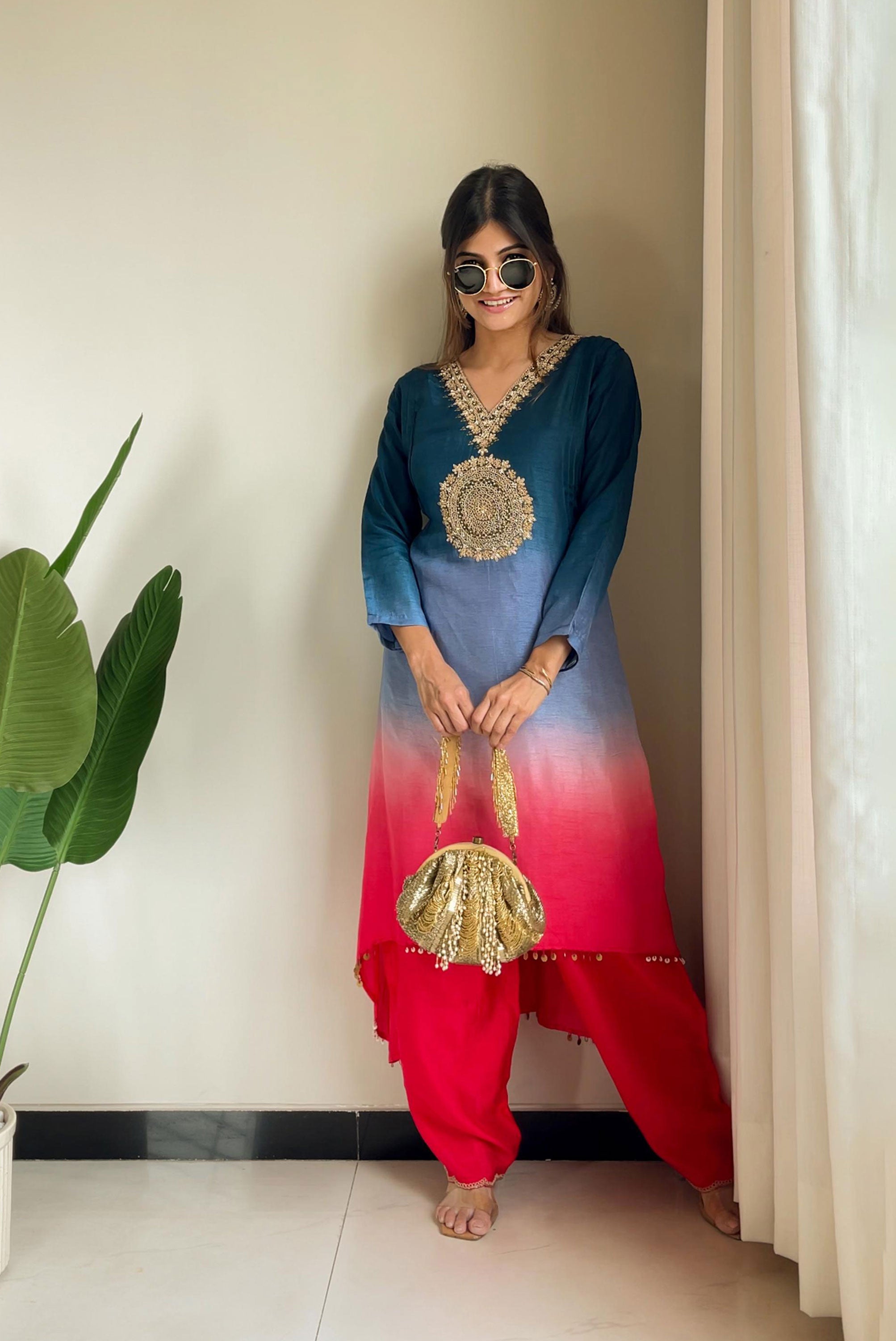 Zari Work In Yok 3 Shaded Colour Kurta Set