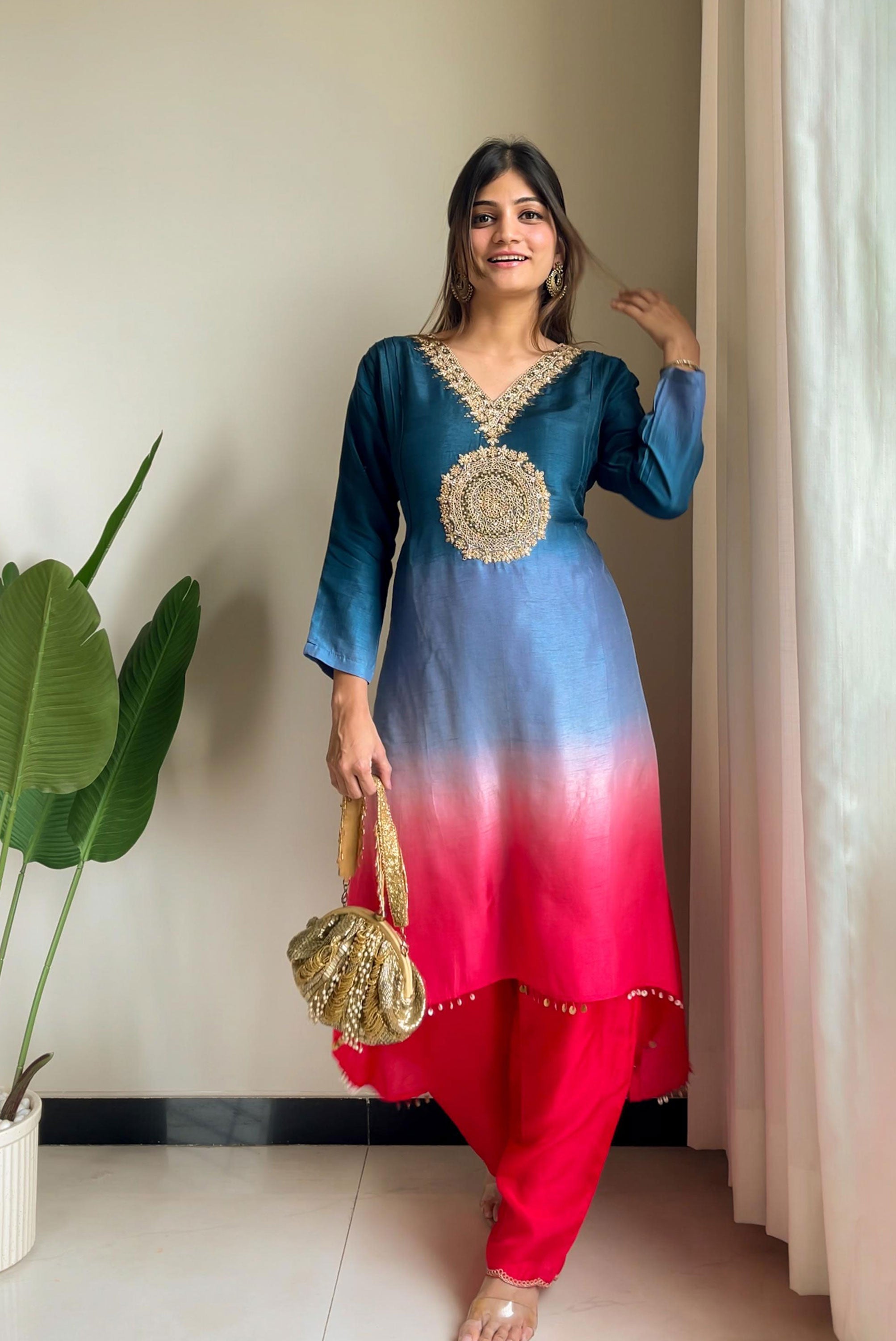 Zari Work In Yok 3 Shaded Colour Kurta Set