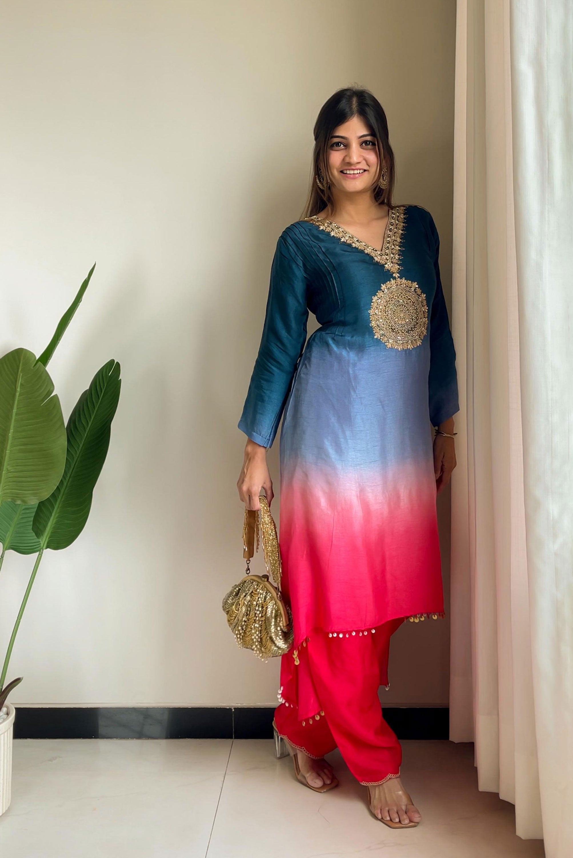 Zari Work In Yok 3 Shaded Colour Kurta Set