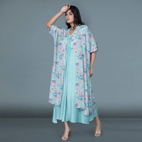 One piece gown with printed jacket