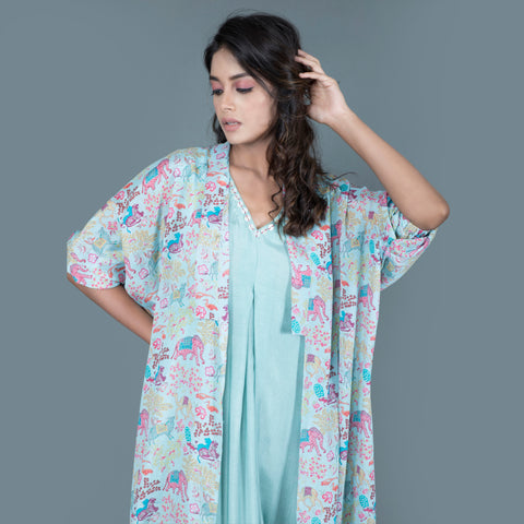 One piece gown with printed jacket