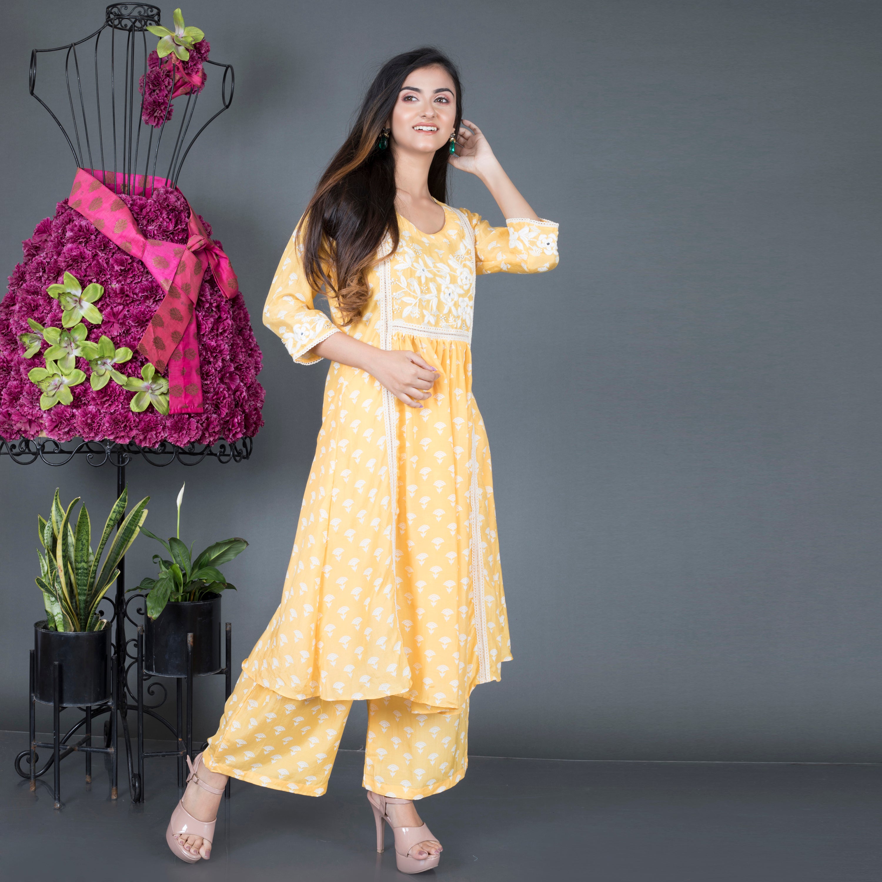 Frilled resham printed Kurta set