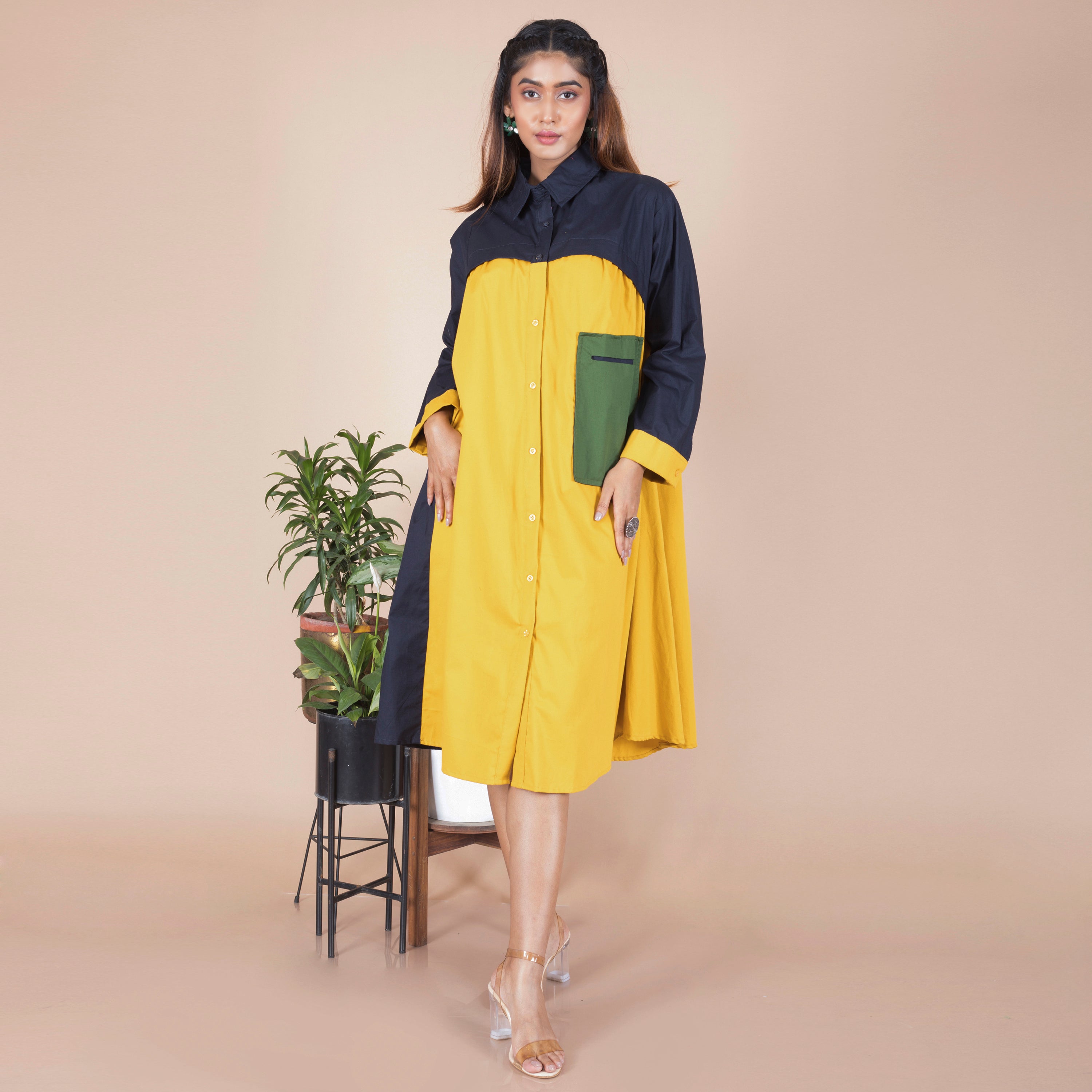 Cotton One Piece Shirt Dress in Solid Colours