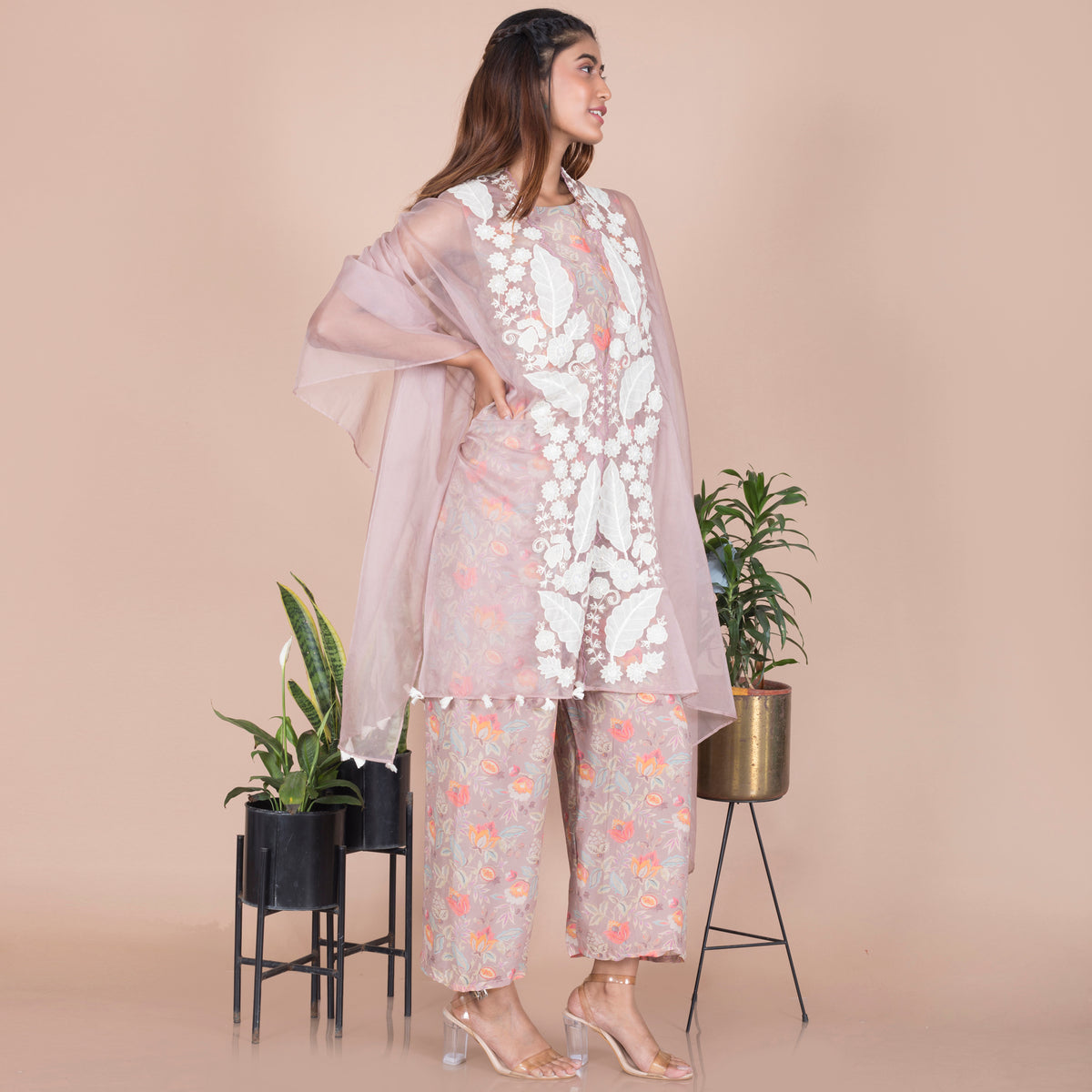 Printed jumpsuit with Organza jacket