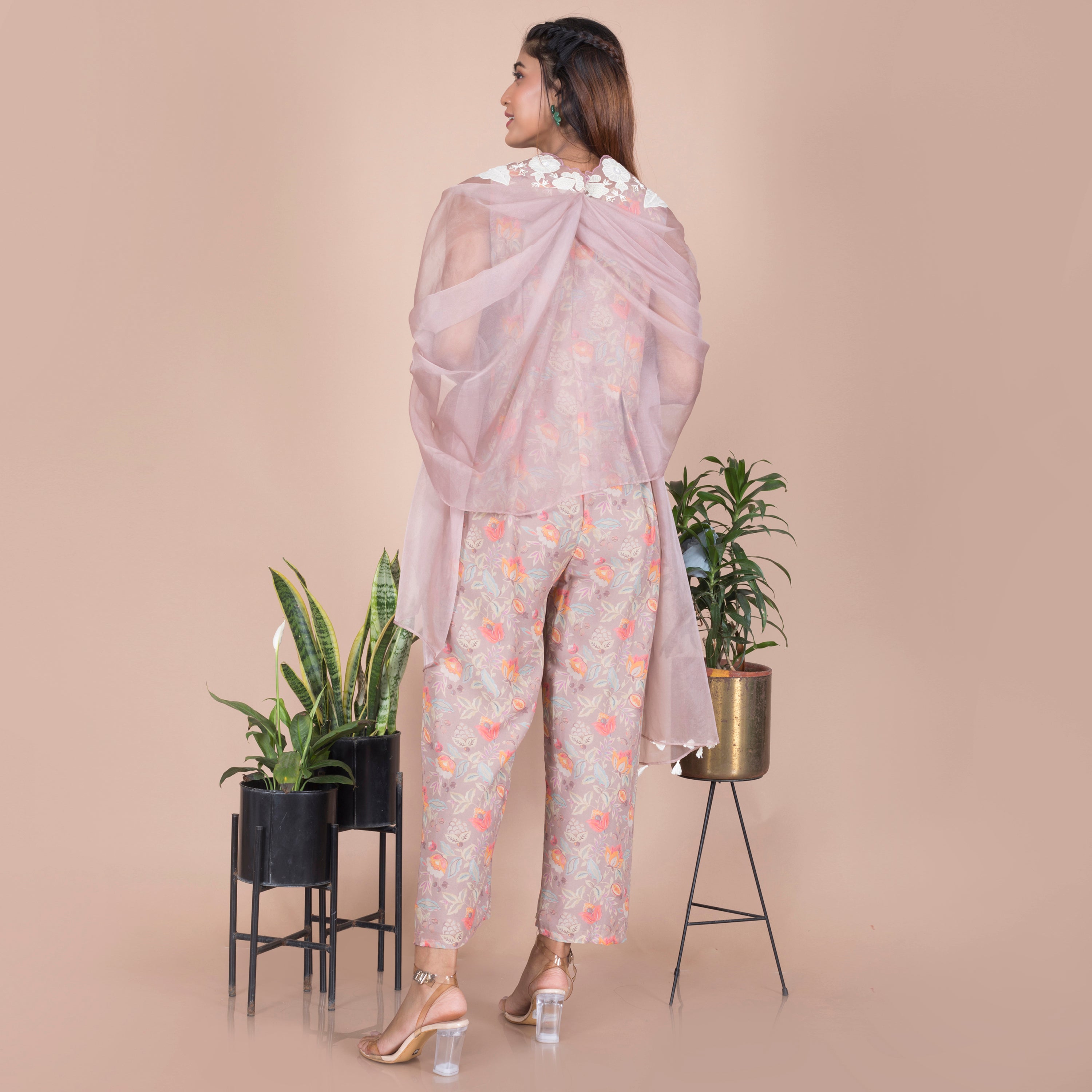 Printed jumpsuit with Organza jacket