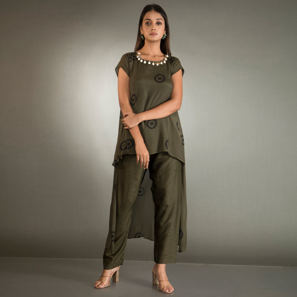 Short sleeved  Co Ord set with  Beaded Neckline
