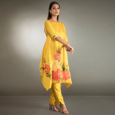 Embroidered patch work yellow kurta set