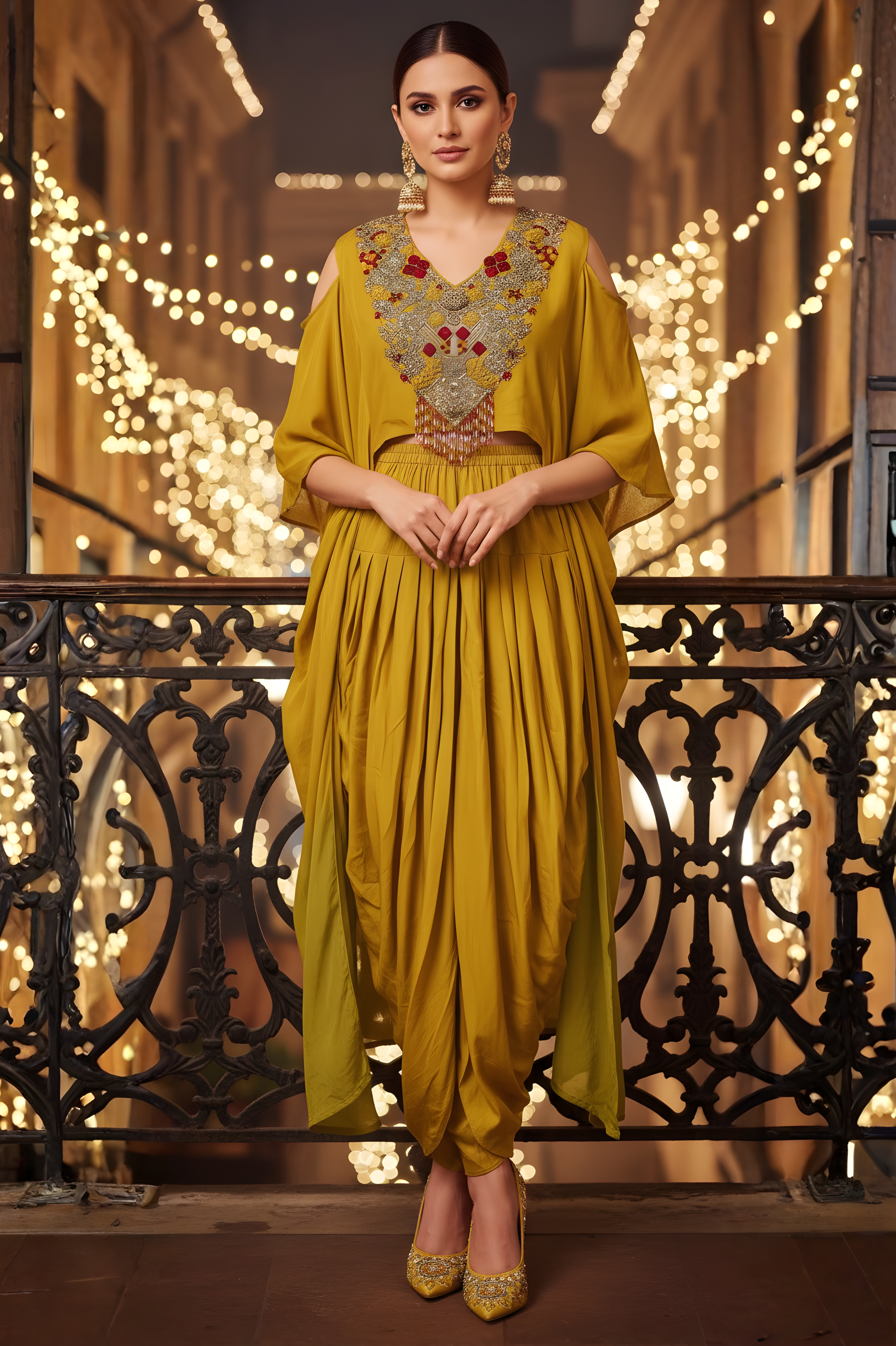 Silk with Resham Dori Tikki Embroidery Cape with Patiala Pants