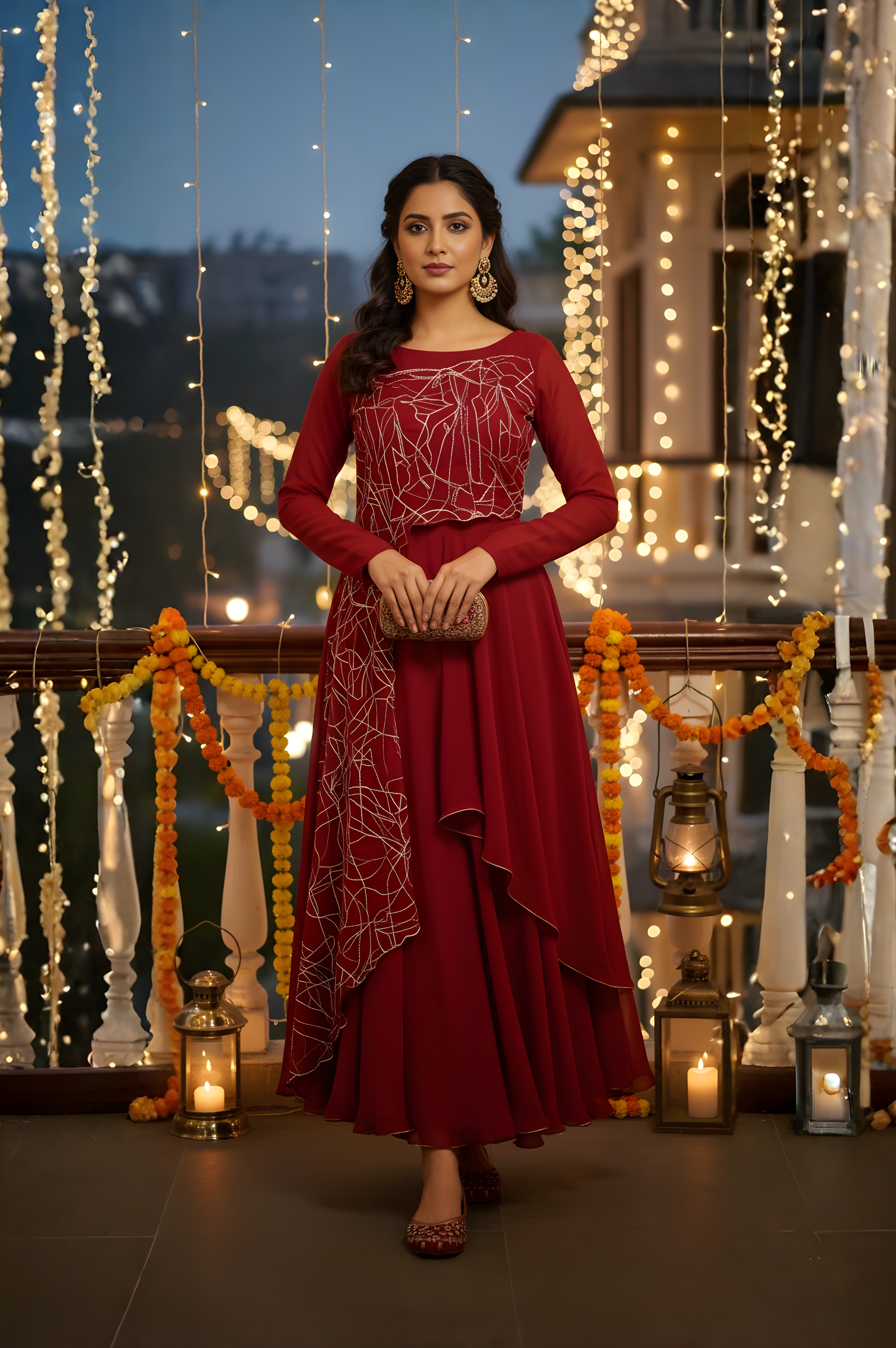 RUFFLE SKIRT & ONE SIDE LONG TOP WITH THRAED WORK INDO WESTERN DRESS