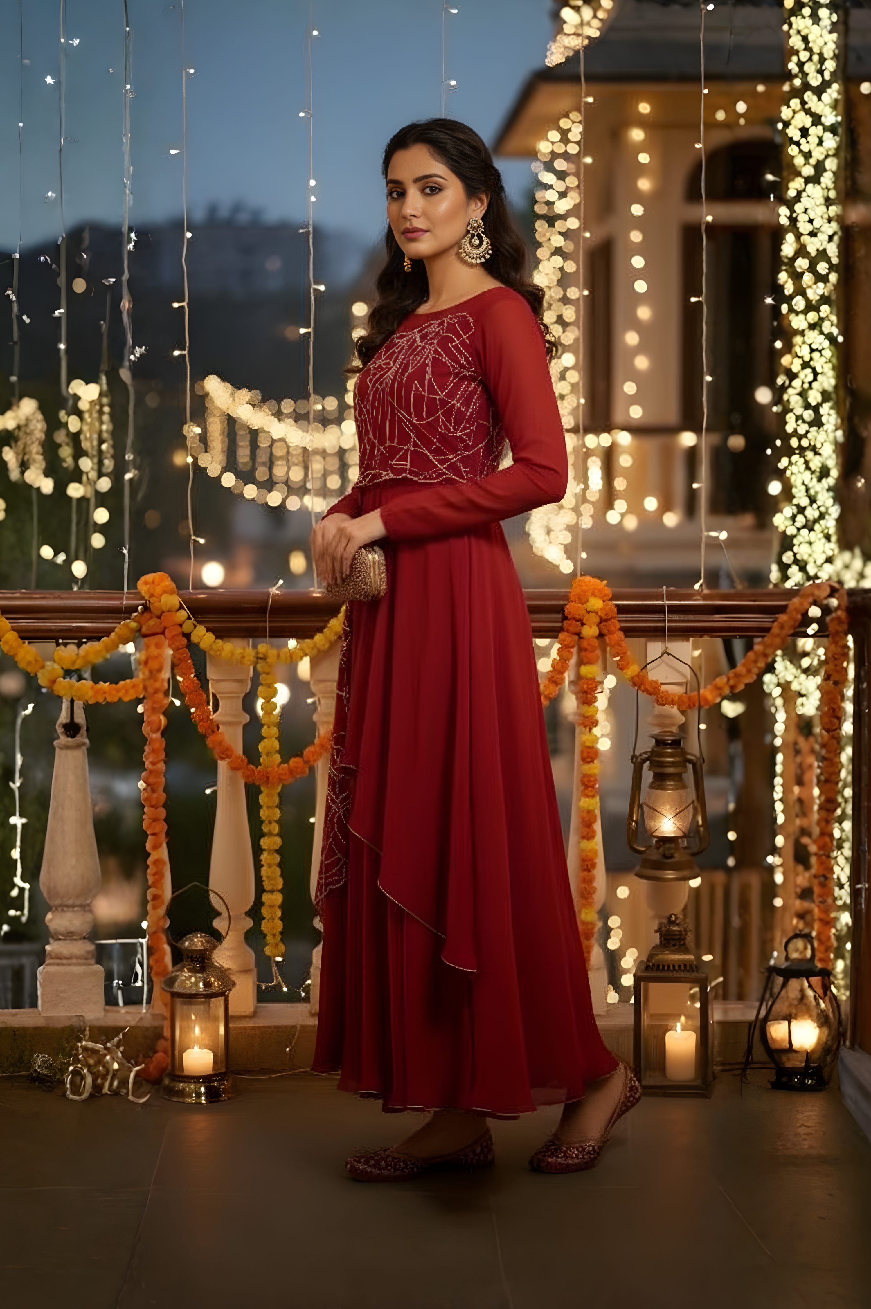 RUFFLE SKIRT & ONE SIDE LONG TOP WITH THRAED WORK INDO WESTERN DRESS