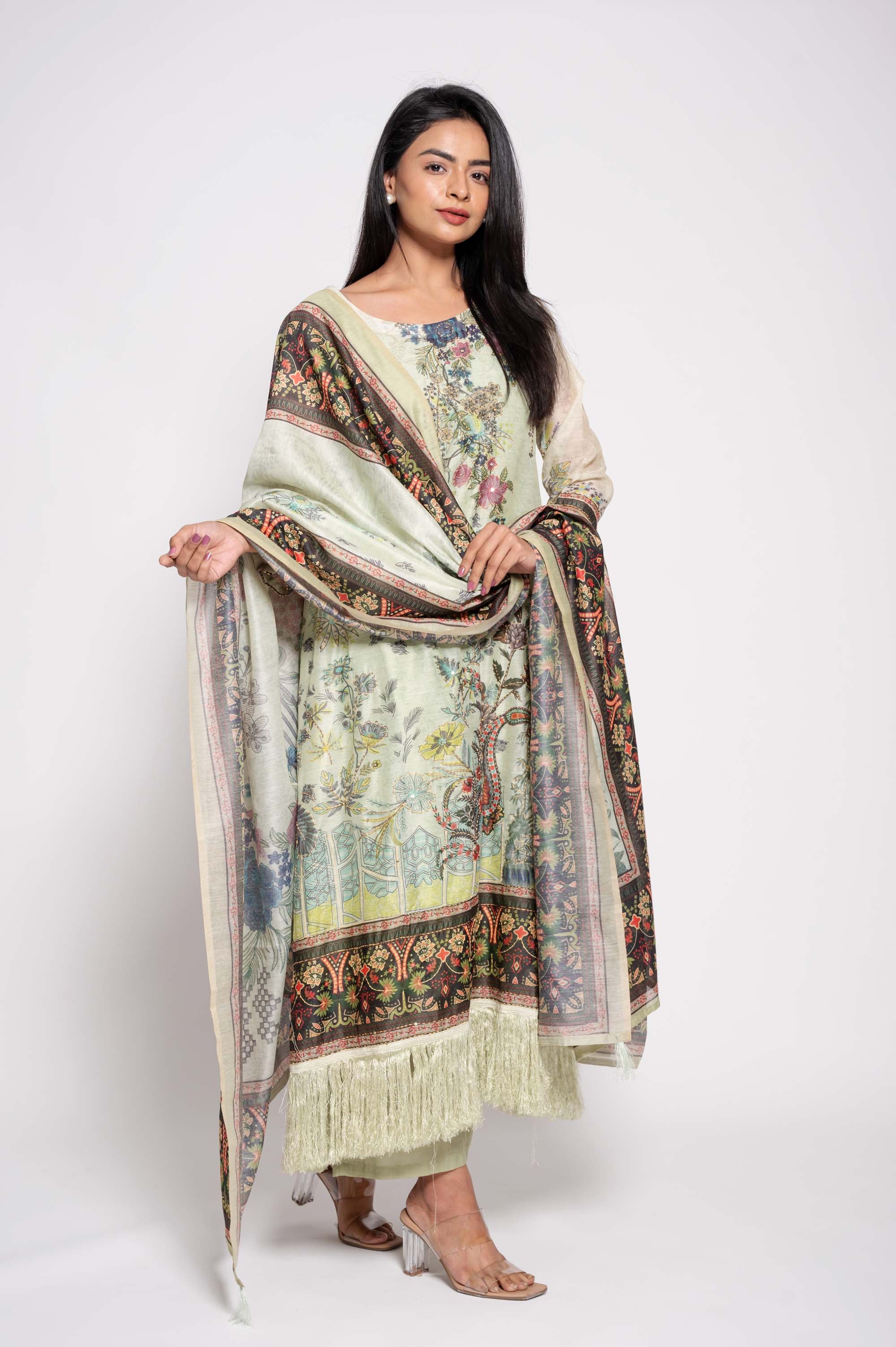 Floral Prints Kurta Set with highlighted sequins work and Dupatta