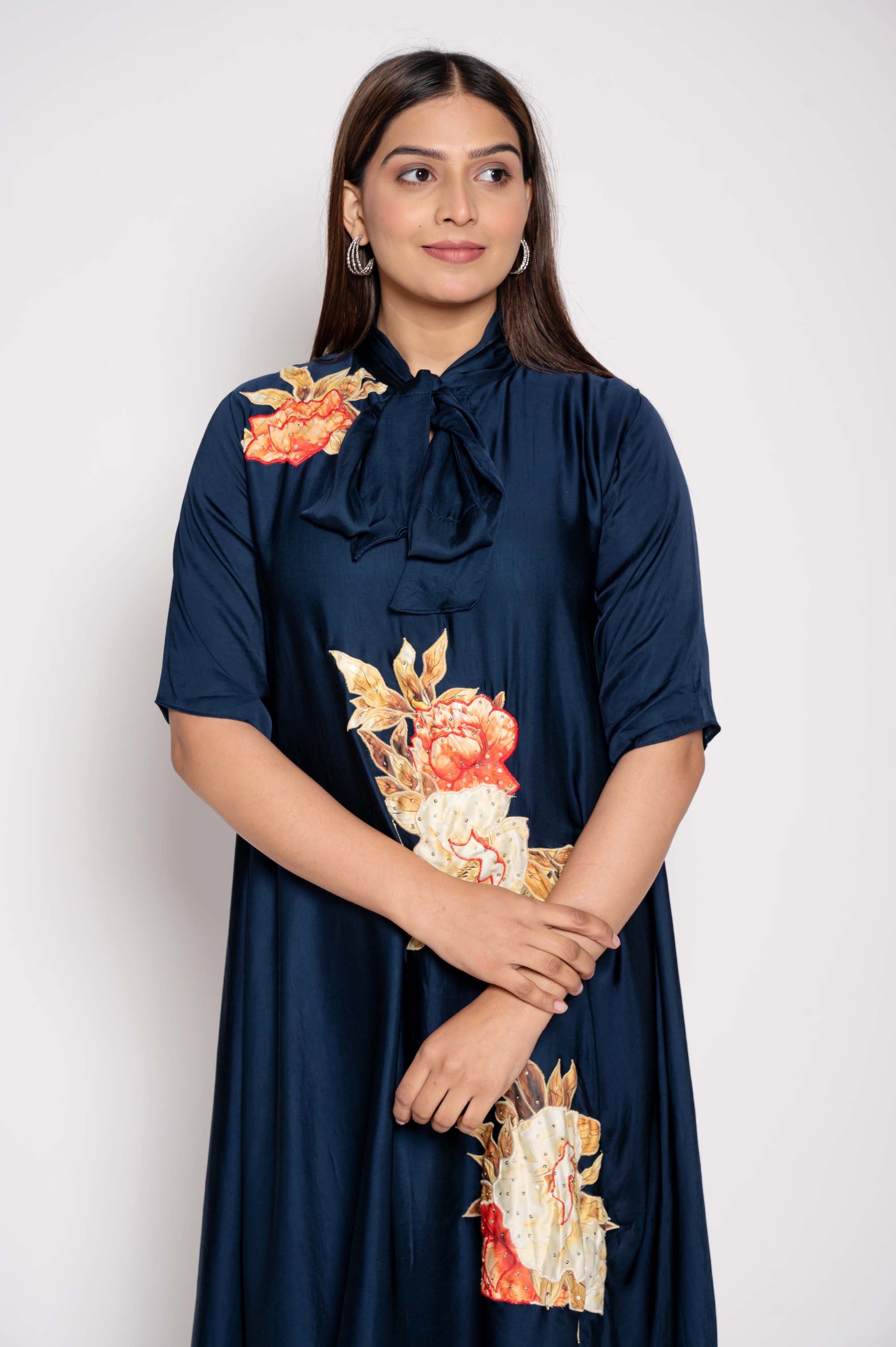 Dress with Collar Bow & Applique Work
