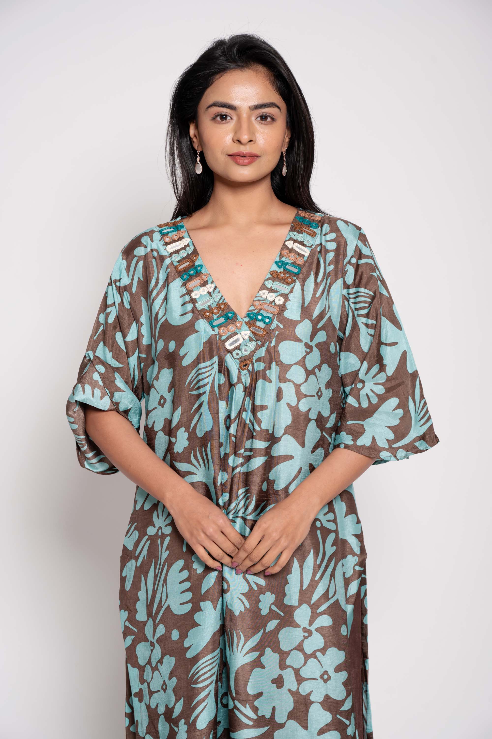 Printed Kurta Set with Glasswork in Neckline