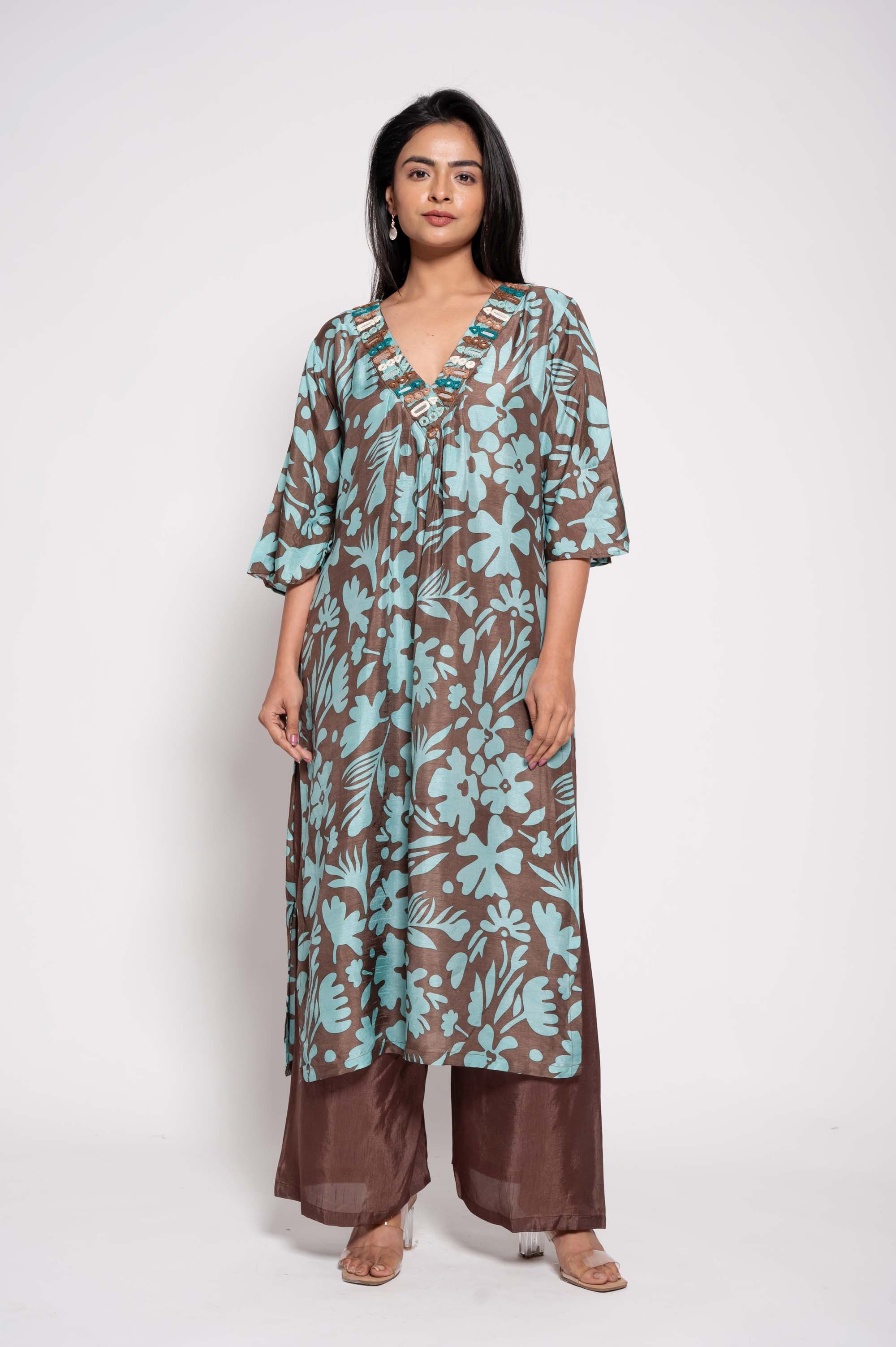 Printed Kurta Set with Glasswork in Neckline