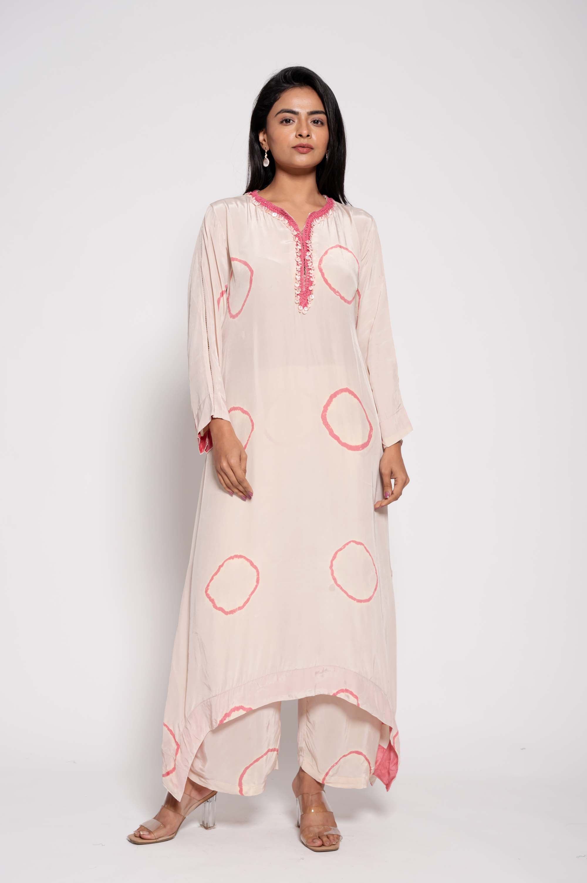 Tie Dye Asymmetrical Kurta set with Mother of Pearls work